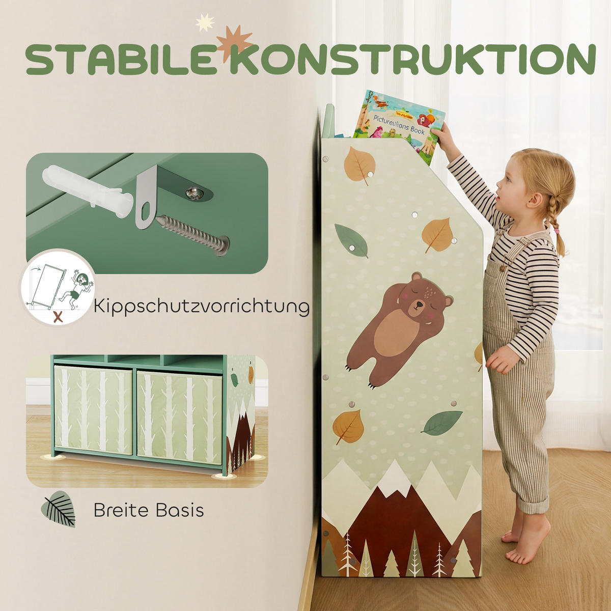 DĚTSKÁ knihovna MDF s potahem ze netkané textilie, zelená - zelená barva, kompozitní dřevo/textil (30/91.5/62.5cm) - AIYAPLAY