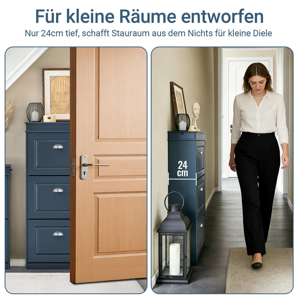 SCHUHKIPPER mit Schublade und Haken, Schuhschrank Blau 53x24x118cm - Blau, Holzwerkstoff (53/118/24cm) - SoBuy