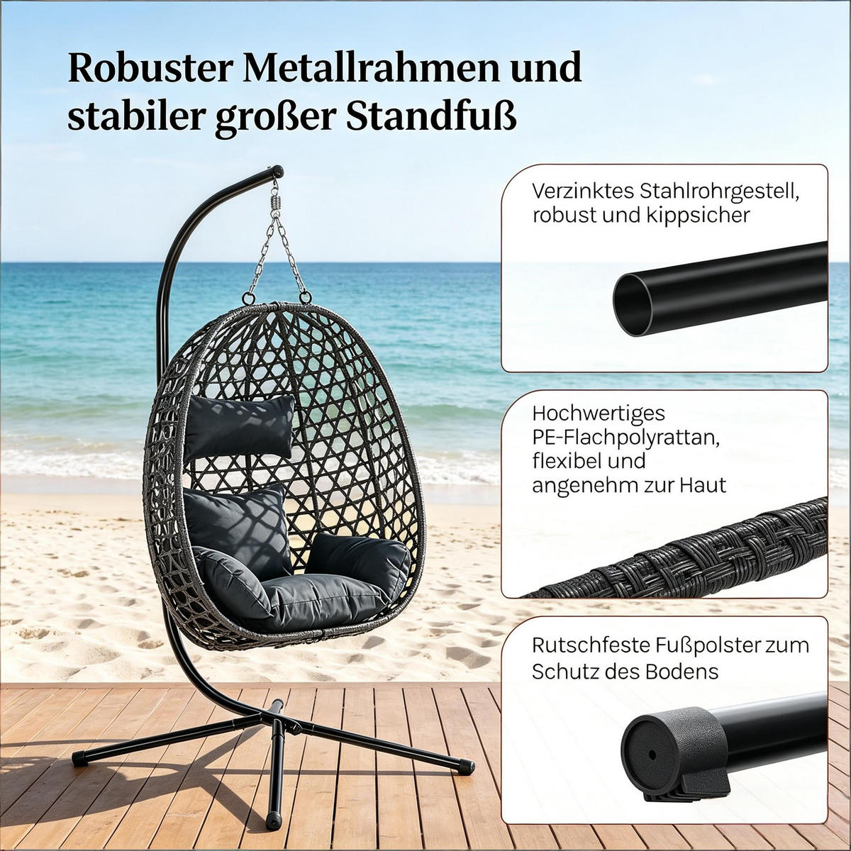 HÄNGESESSEL PE-Rattan höhenverstellbar, DE-42142, Dunkelgrau - Dunkelgrau, Metall (105/195/105cm) - ComfortXL