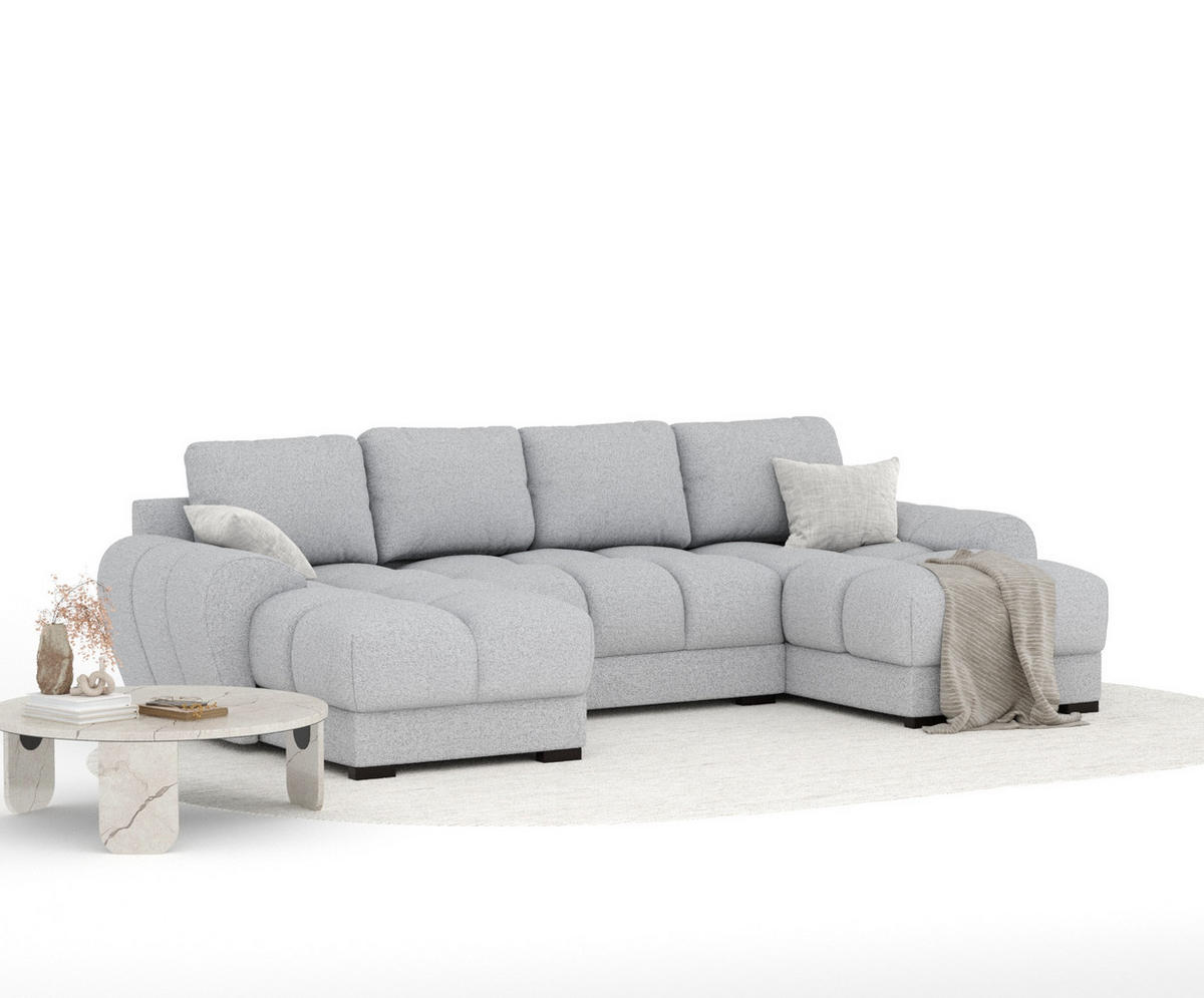 WOHNLANDSCHAFT Peebles Hellgrau Webstoff - Hellgrau/Schwarz, Holz/Holzwerkstoff (330/90/175cm) - Maison de Reve