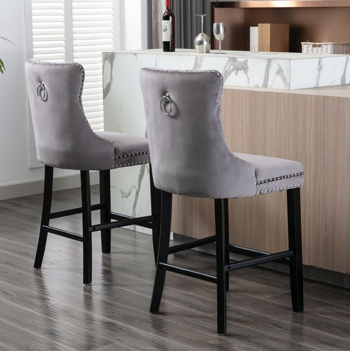 BARSTUHL 2er-Set mit hoher Rückenlehne Samt Grey - Grau, Metall (50/66/60cm) - Meubliv