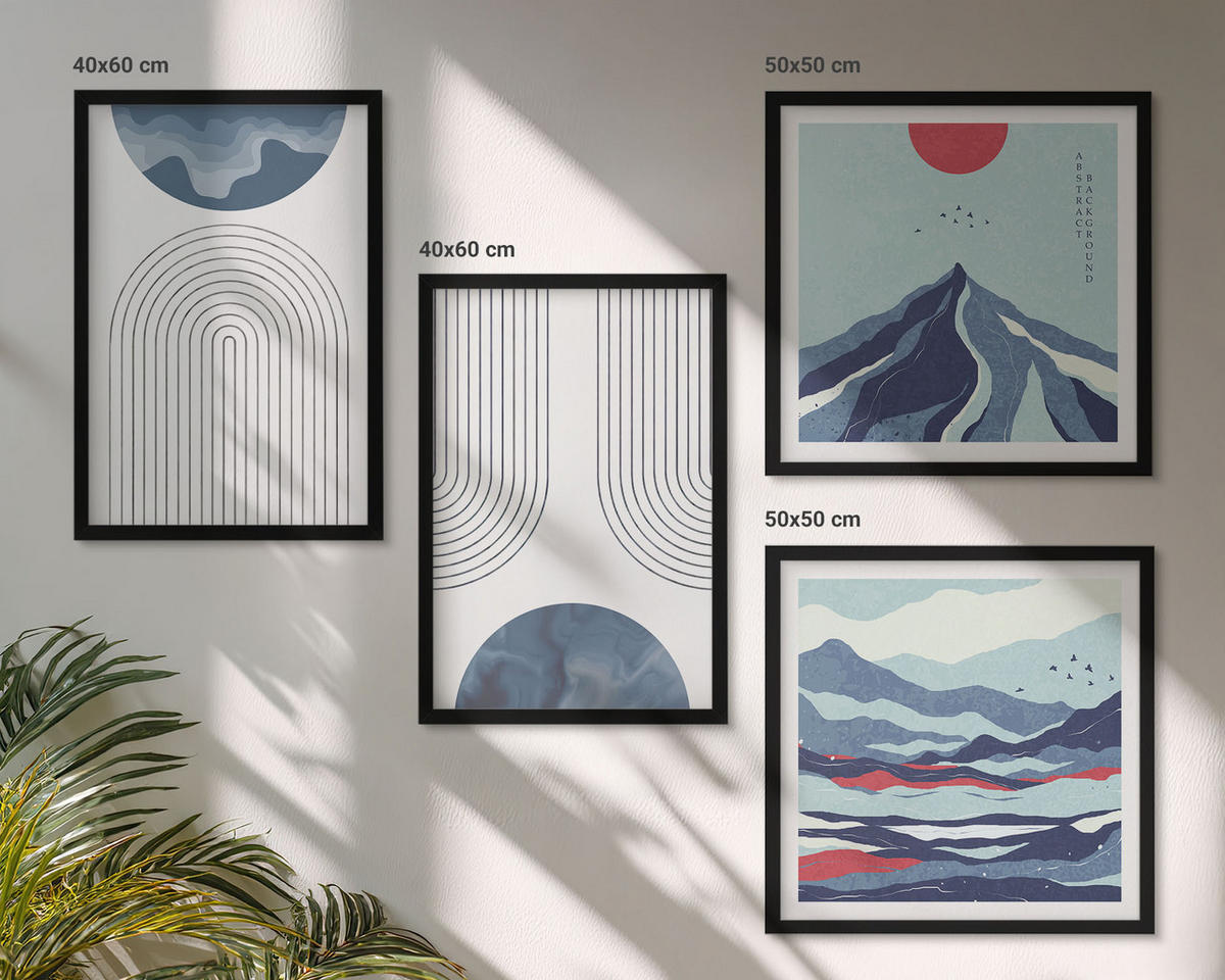 BILDER SET 4er Set - 50x50 cm & 40x60 cm Schwarzer Rahmen - Abstrakte Berglandschaften - Schwarz, Kunststoff (50/50cm) - TULUP