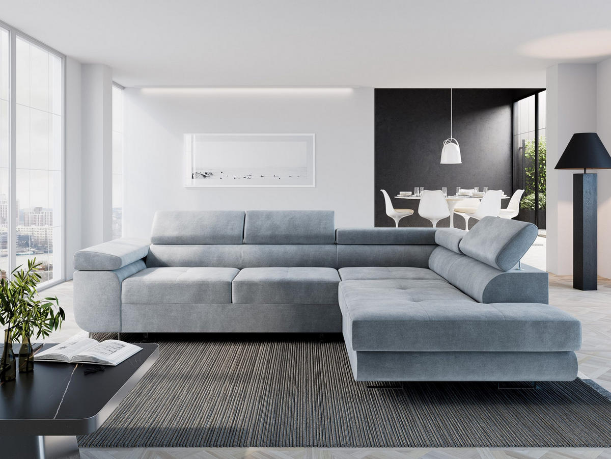 ECKSOFA VEMO EDGE Links Hellgrau Velour-Stoff mit Bettkasten und Schlaffunktion - Hellgrau, Textil (200/270cm) - Barchello