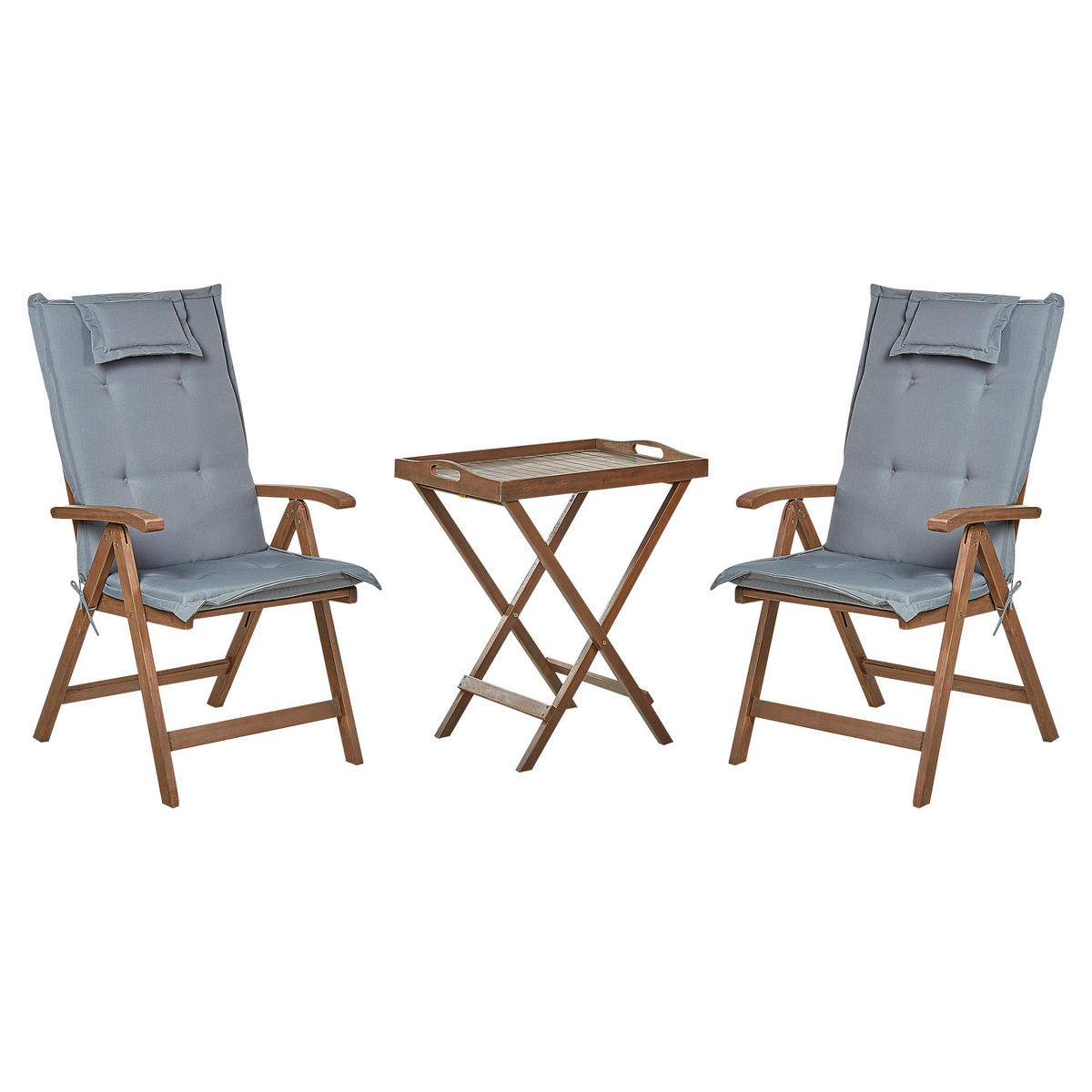 BALKONSET 2-Sitzer Akazienholz dunkelbraun verstellbar Auflagen grau Amantea - Dunkelbraun/Grau, Holz/Textil - Beliani