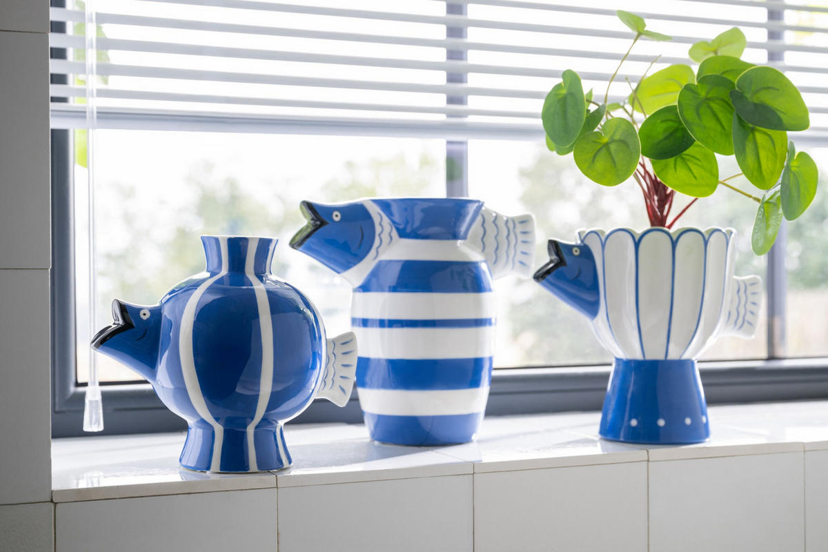 VASE FISCH BALL GESTREIFT DOLOMIT Blau - Blau, Keramik (17cm) - J-Line