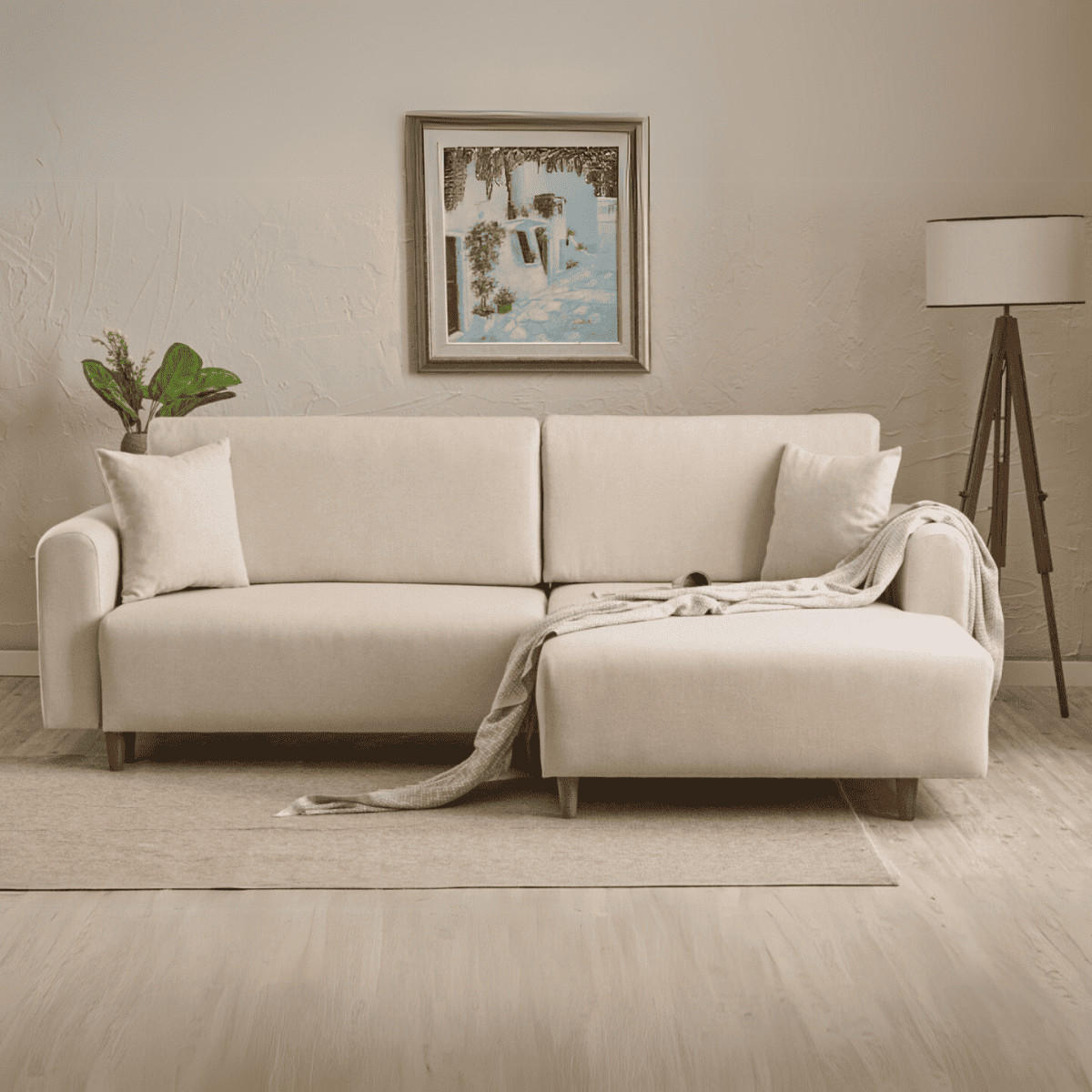 ECKSOFA mit Schlaffunktion und rechtsseitiger Récamiere aus Stoff - mane 246/160/85 cm - Creme, Holz (160/246cm) - Calicosy