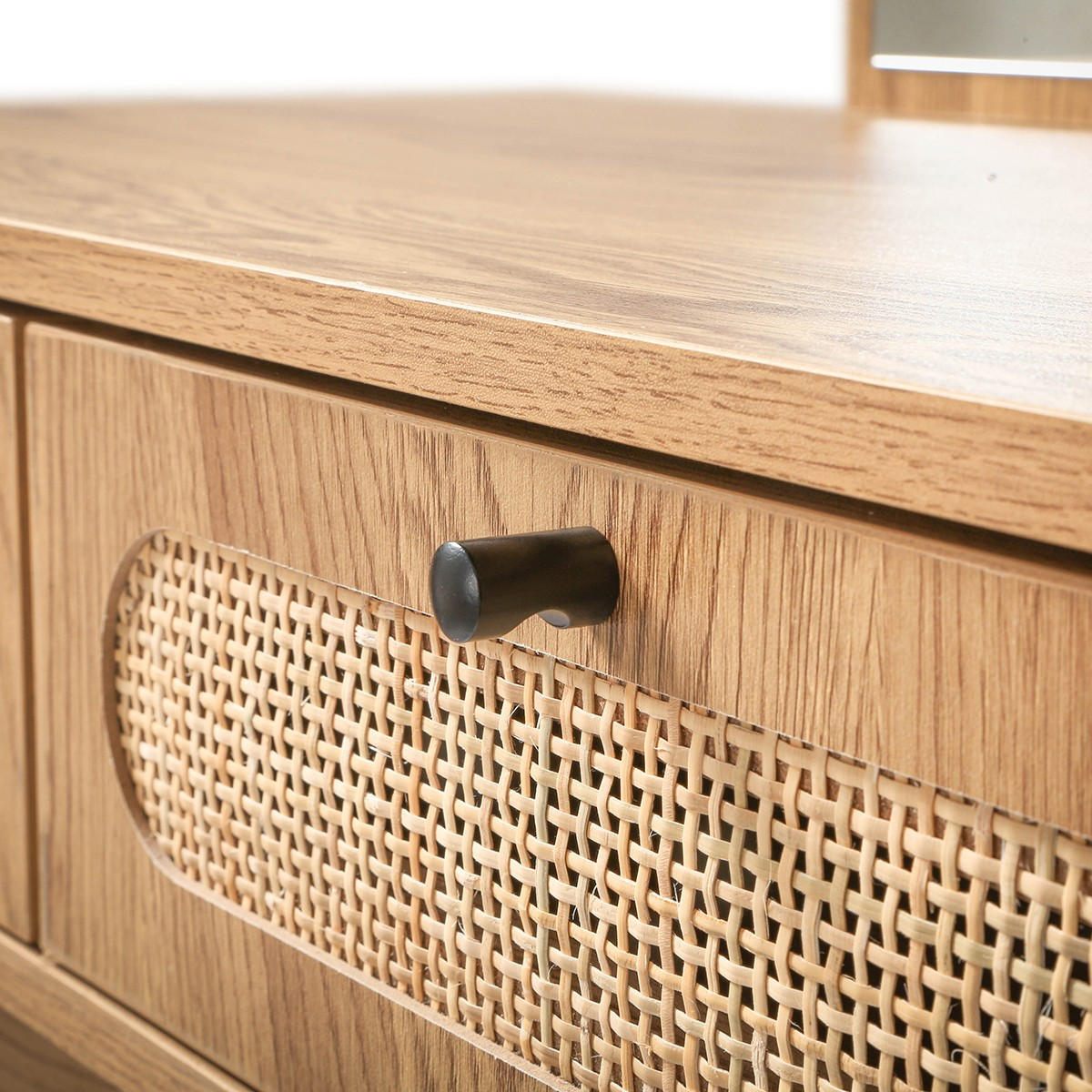 SCHMONKTISCH mit Spiegel und 2 Schubladen Rattanfronten 80/39/140 cm - Eschefarben, Holzwerkstoff (39/140/45cm) - Calicosy