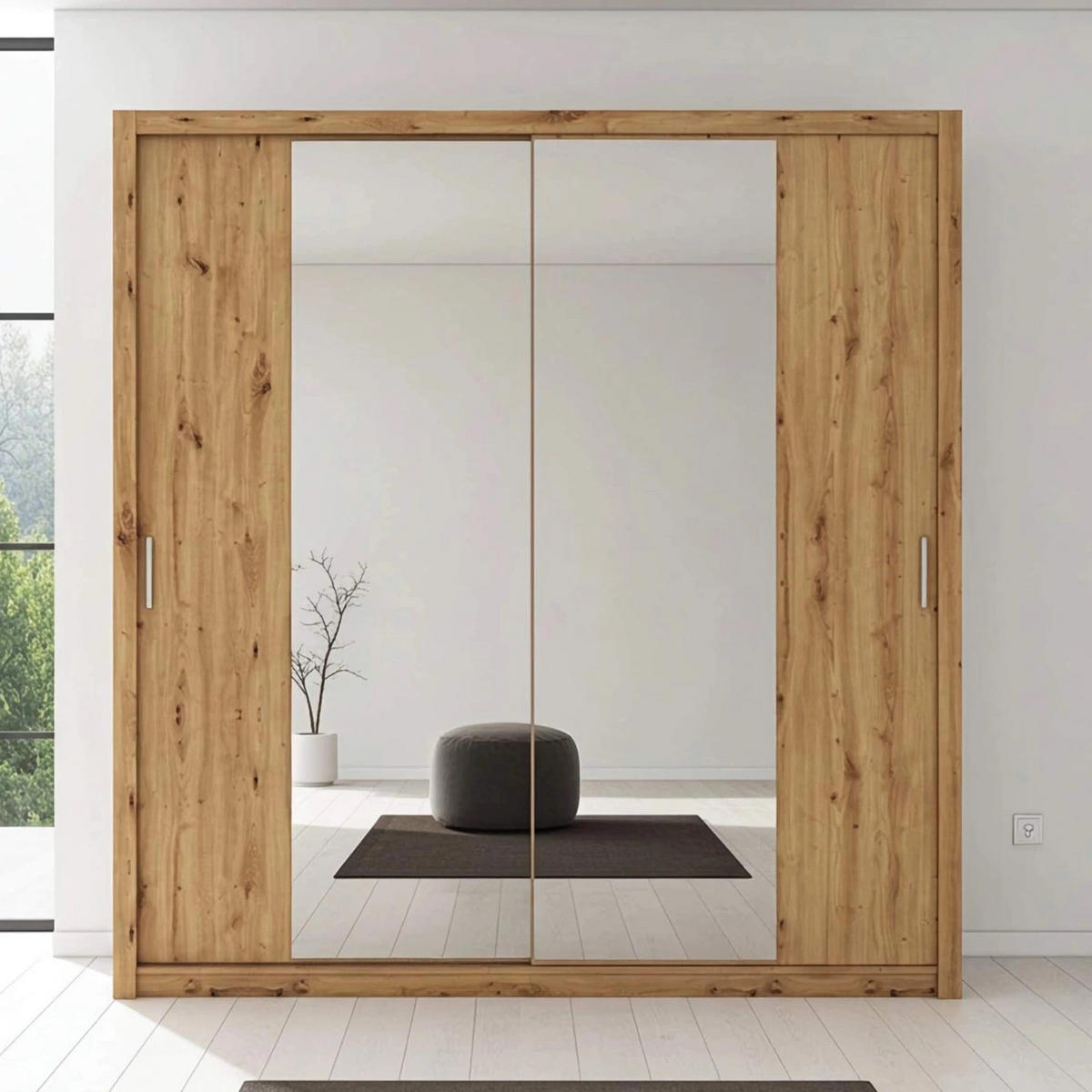 SCHIEBETÜRENSCHRANK Tamiza 220/215/62 mit Spiegel - Silberfarben/Eiche Artisan, Holzwerkstoff/Kunststoff (220/215/62cm) - Ravio