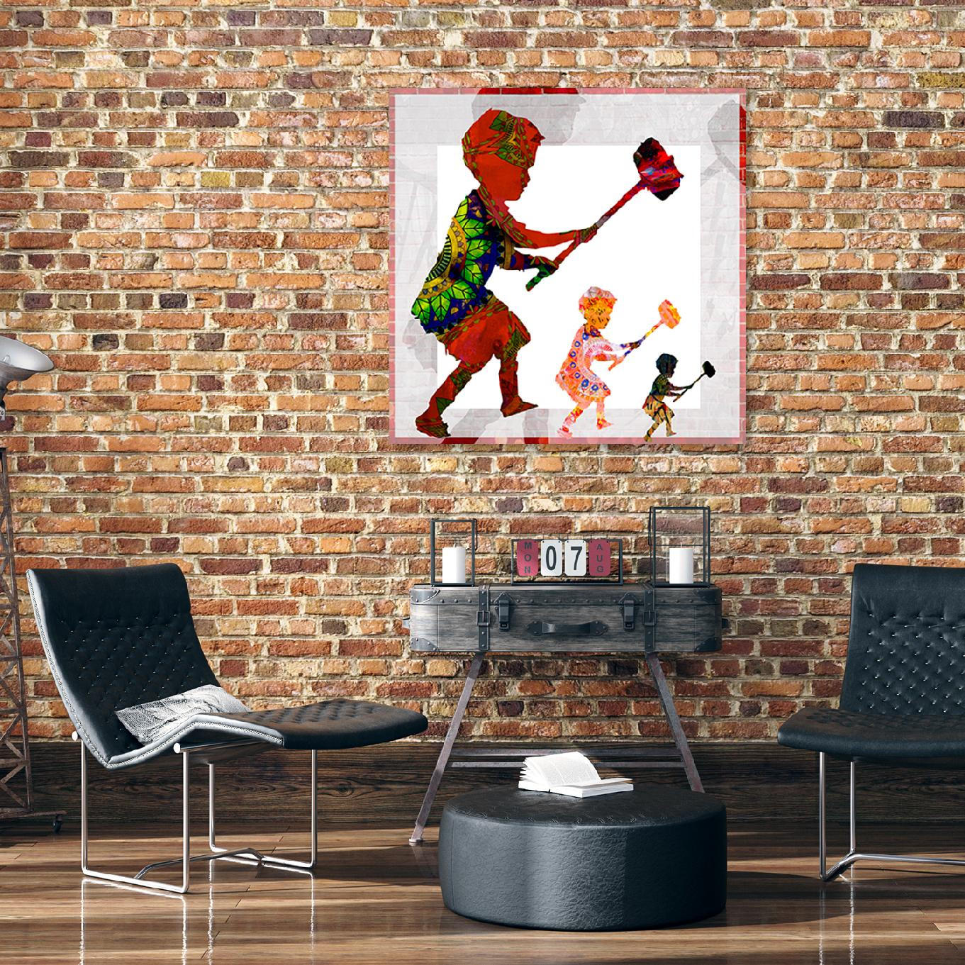 WANDBILD banksy boy mit einem hammer - Orange, Textil (50/50cm) - Feeby