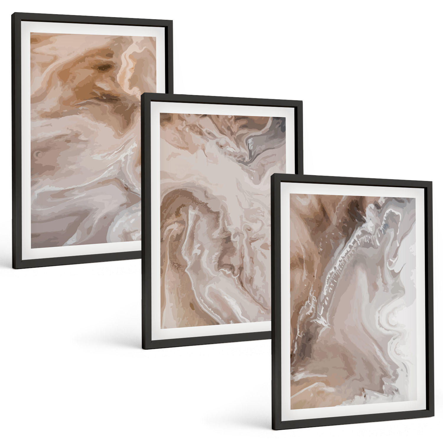 BILDER SET 3er Set - 40x60 cm Schwarzer Rahmen - Abstrakter Marmorstein - Schwarz, Kunststoff (40/60cm) - TULUP