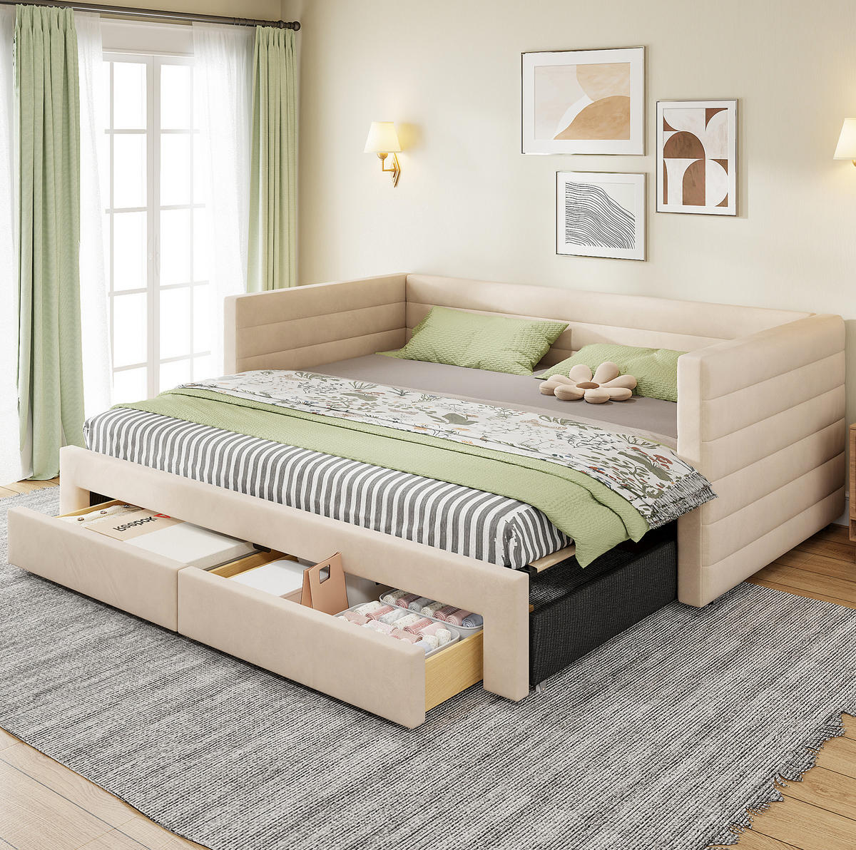 POLSTERBETT 90/180/190 cm Beige aus Baumwolle und Leinen mit 2 Schubladen - Beige, Textil (90/190cm) - OKMYHOME