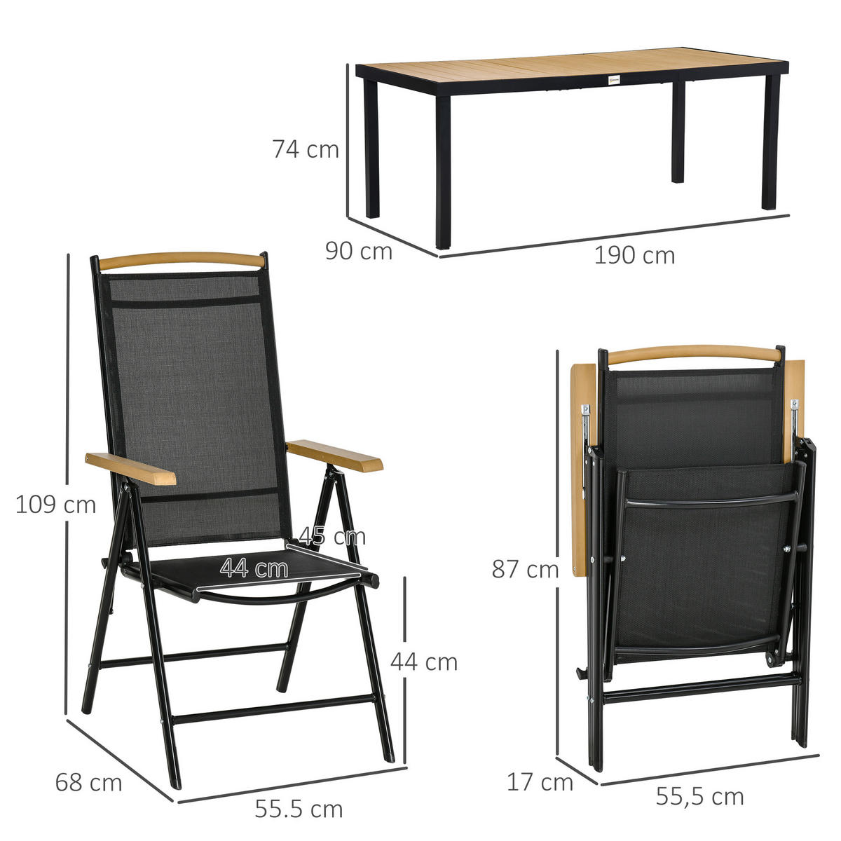GARTENTISCHGRUPPE DE-18099 klappbar, Neigungsverstellung 7-fach Schwarz - Naturfarben, Metall - ComfortXL