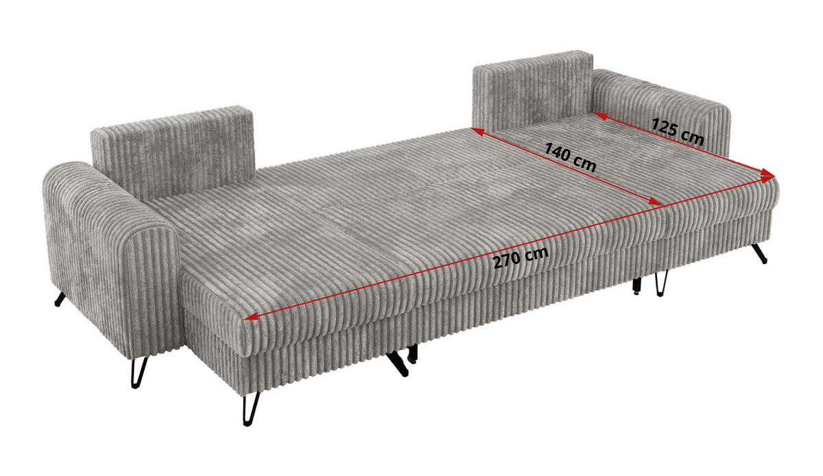 WOHNLANDSCHAFT AXEL U Cord Hellgrau - Hellgrau/Schwarz, Textil/Metall (312/90/140cm) - MKS