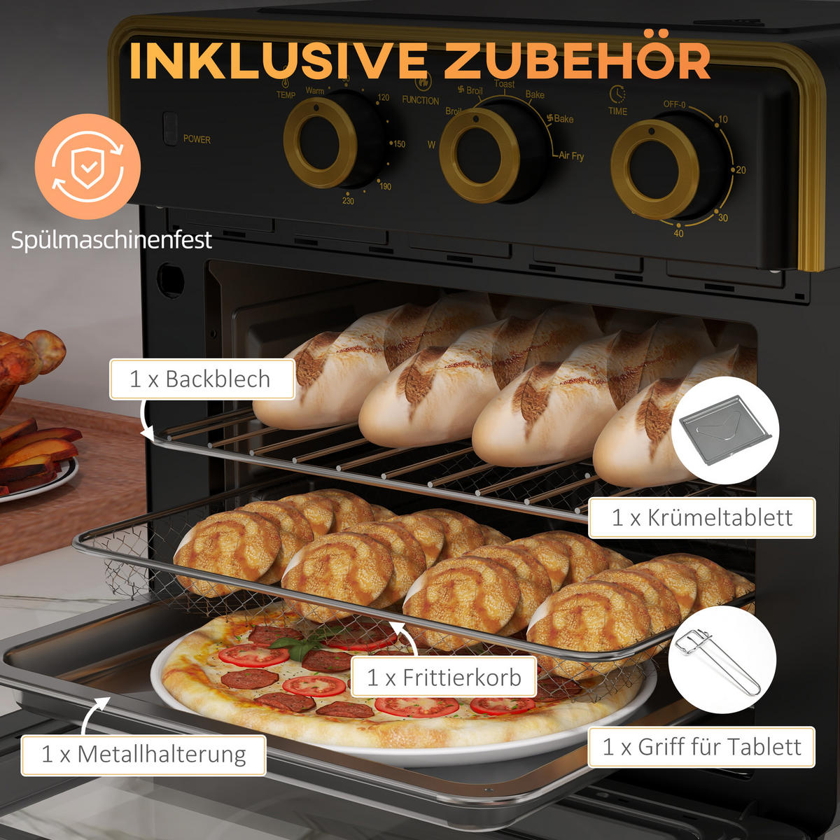 MINIBACKOFEN 20L 1400W Elektrobackofen mit 3 Einschubpositionen, Temperatur 90-230°C, 60 Min. Timer, Schwarz - Schwarz, Metall (36/34.5/37.7cm) - Beaface