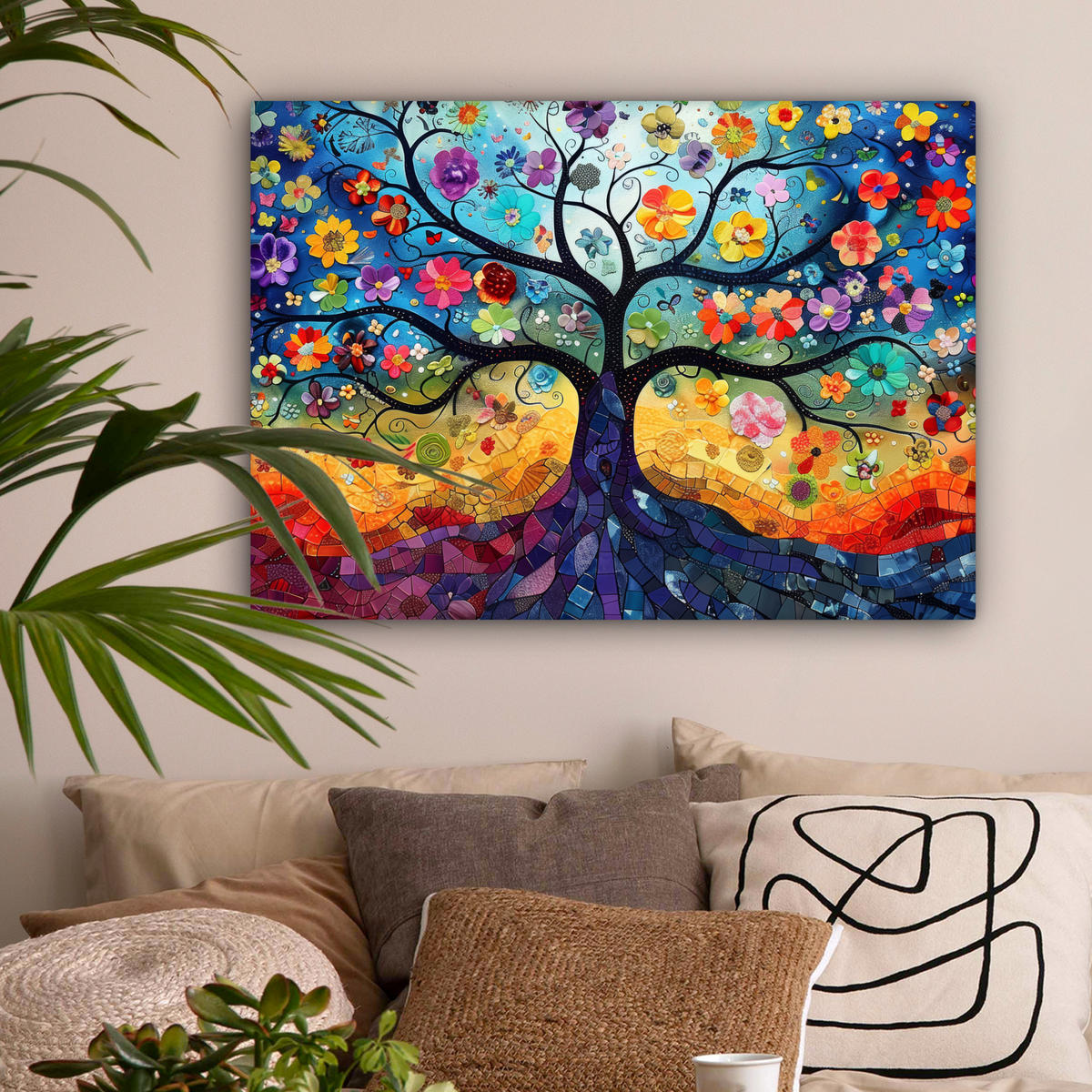 OBRAZ NA PLÁTNĚ Umění - Strom života - Květiny - Hippie 80x60 cm - tmavě modrá, textil (80/60cm) - MuchoWow
