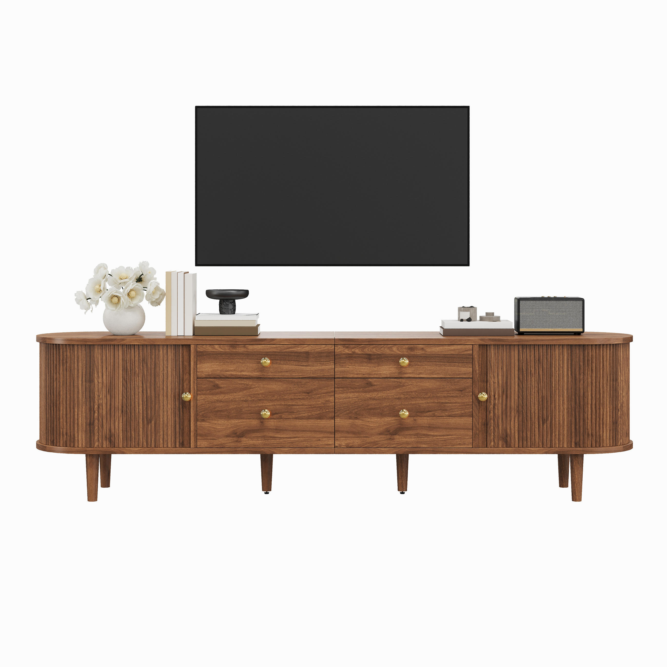 TV-LOWBOARD 180 cm, Schiebetüren, 4 Schubladen, 3D-Wellenfront, Holzfüße, Walnuss - Walnussfarben, Holzwerkstoff (180/50/35cm)