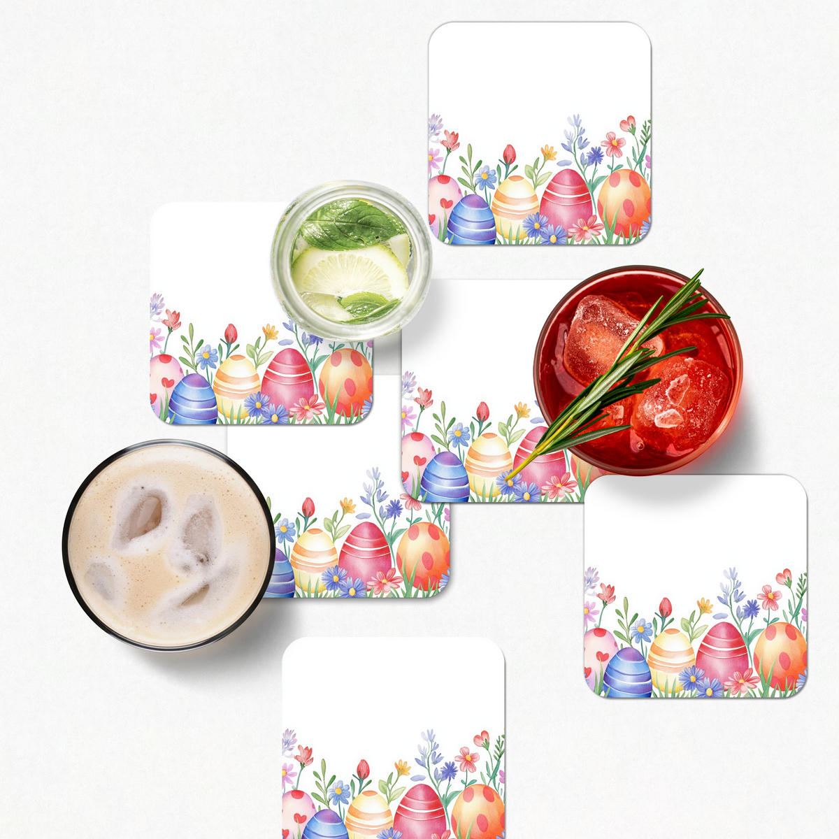 GLASUNTERSETZER 6er-Set Blumengarten - Bunt - Eier 10x10 cm - Weiß, Naturmaterialien (10/0.2cm) - MuchoWow