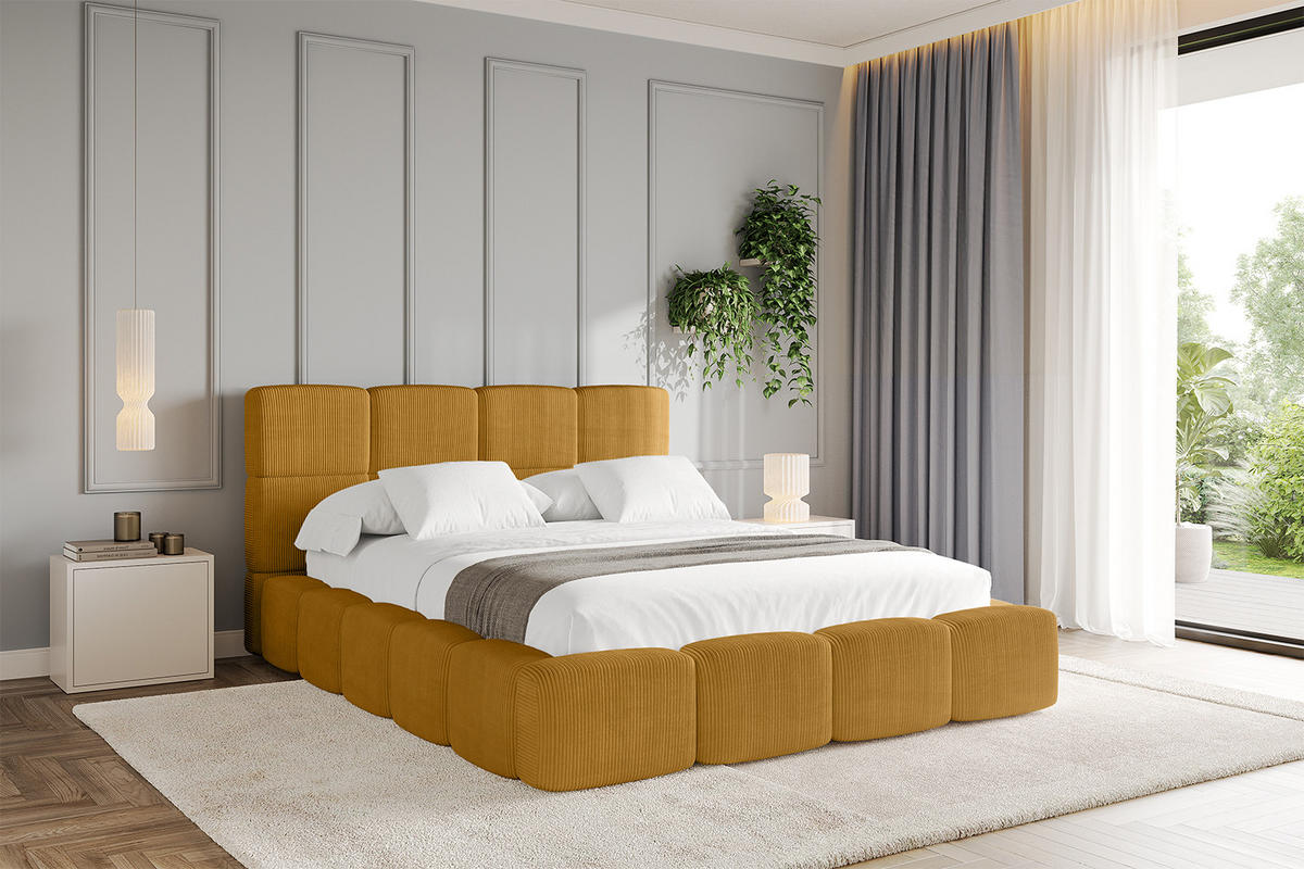 POLSTERBETT mit Bettkasten und Lattenrost, Bett mit Matratze H3/H4, Kopfteil, Boxbett, Doppelbett mit Stauraum - NATA 120x200 Senfgelb - Kupferfarben, Holzwerkstoff/Textil (120/200cm) - ALTDECOR