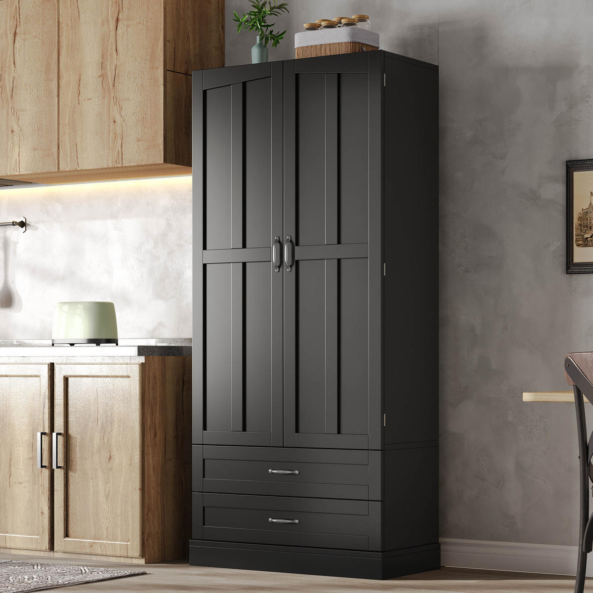 GESCHIRRSCHRANK 180 cm MDF Schwarz mit Ausziehböden und Türregalen - Schwarz, Holzwerkstoff (37.5/180/80cm) - Korfee