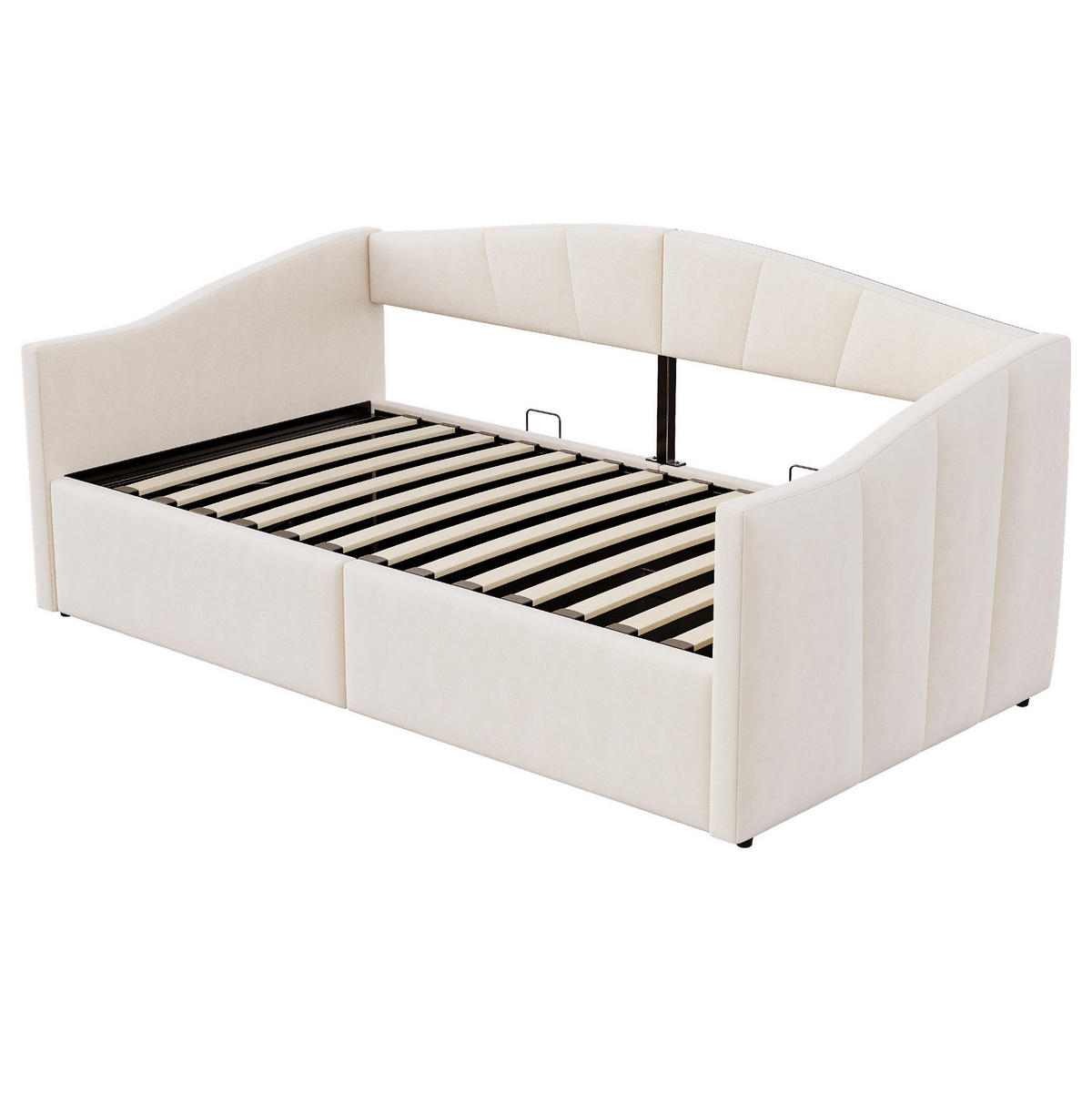 POLSTERBETT Sofabett 90/200 cm Beige mit hydraulischer Lagerung und Lattenrost aus Samt - Beige, Textil (90/200cm) - OKWISH