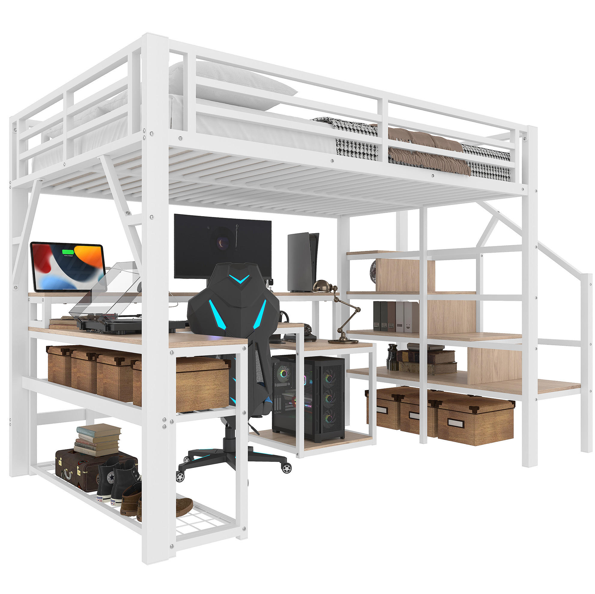 HOCHBETT 140/200 cm aus Metall/MDF mit Schreibtisch, LED-Leiste und USB-Anschluss Weiß - Weiß, Metall (140/200cm) - Modenvie