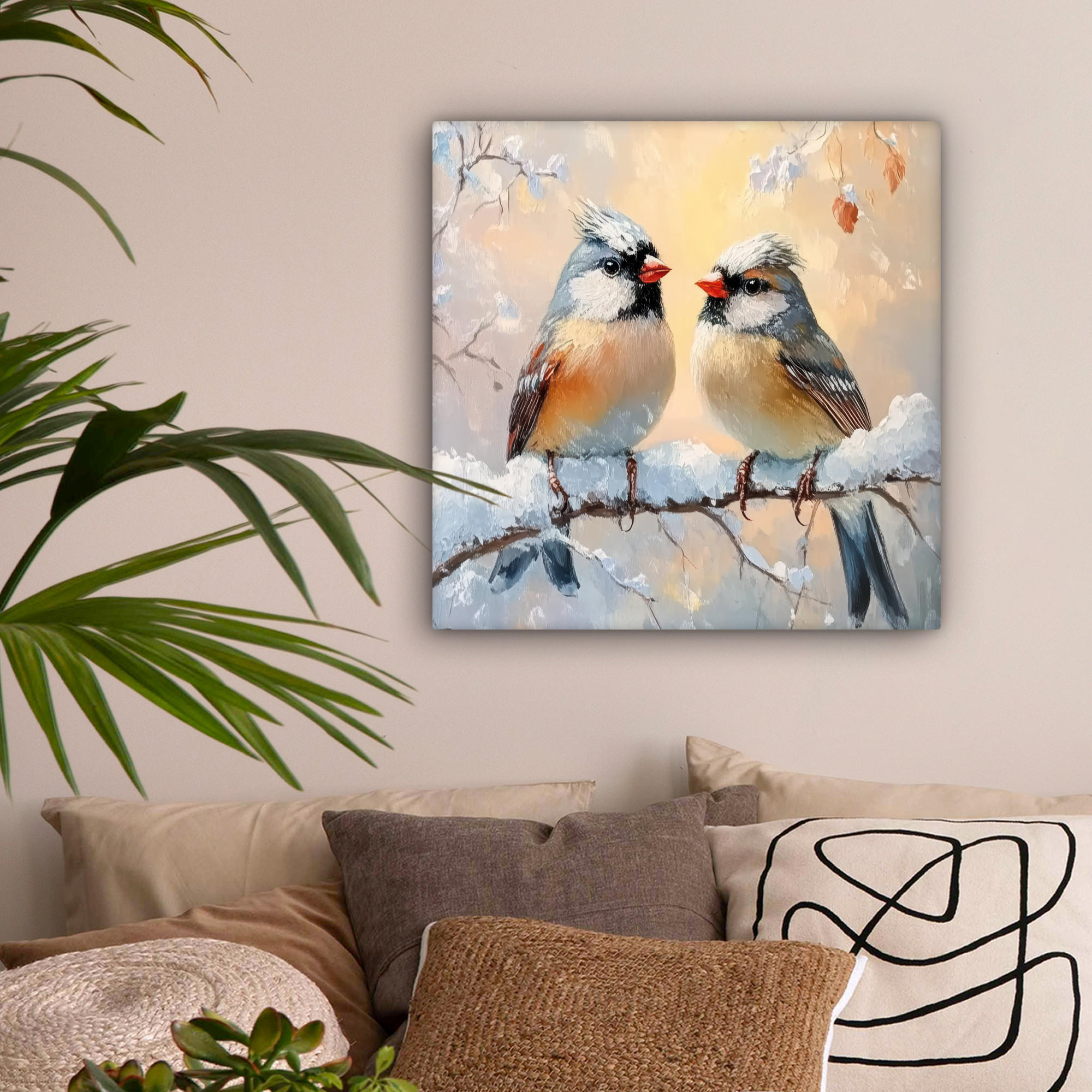 LEINWANDBILD Vögel - Zweig - Winter - Schnee 50x50 cm - Pastellblau, Textil (50/50cm) - MuchoWow