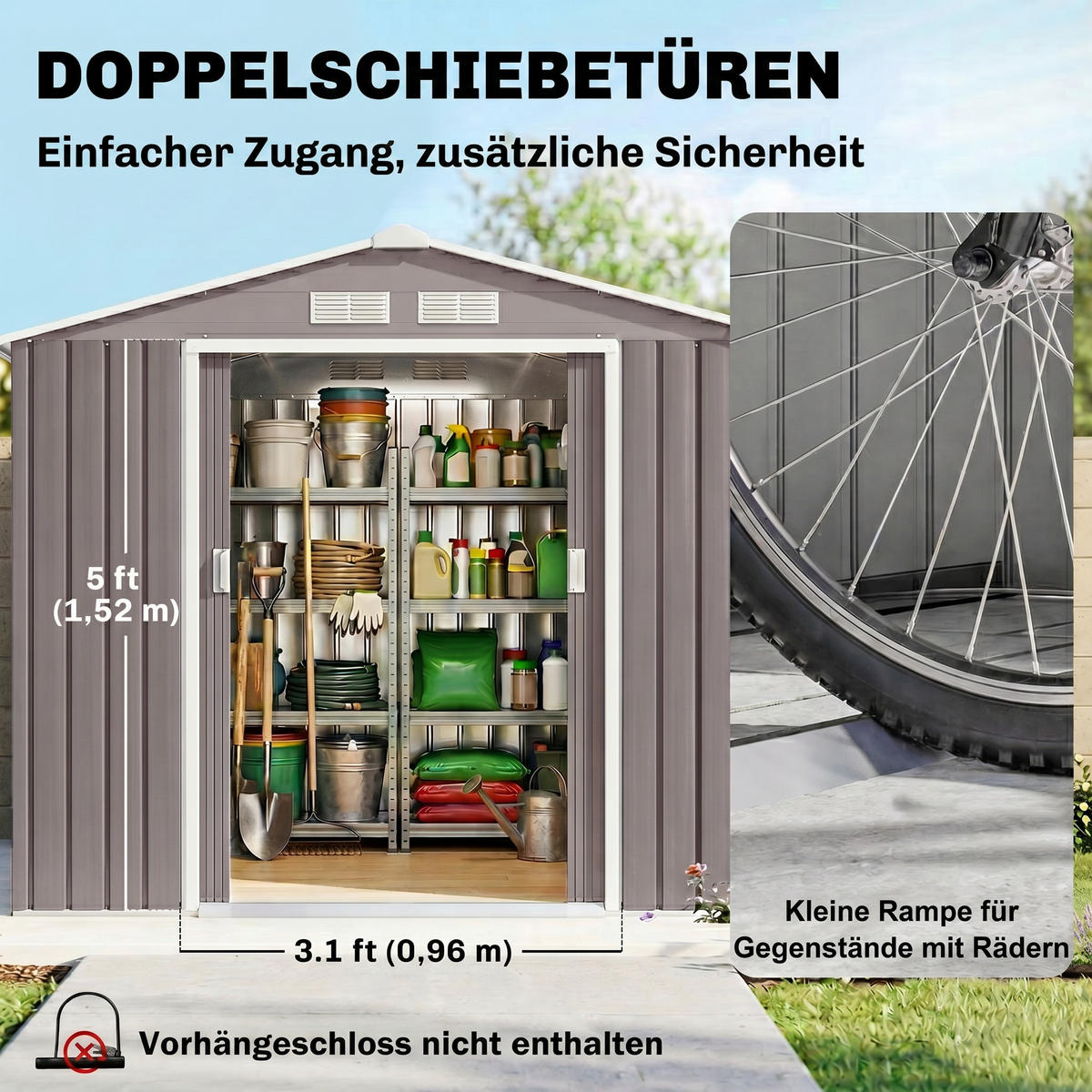 GERÄTESCHUPPEN DE-08081 mit Schiebetüren, 213x130x185 cm Grau - Grau, Metall (213/185/130cm) - ComfortXL