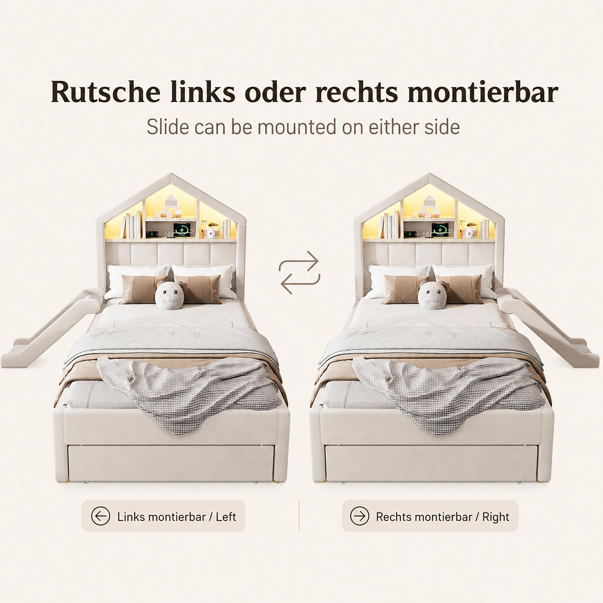 KINDERBETT-POLSTERBETT aus Samt 90x200 cm Beige mit LED-Beleuchtung, Ladeanschluss, Rutsche und Bettkasten - Beige, Textil (90/200cm) - Modfu