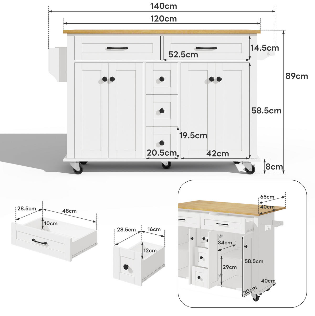 KÜCHENINSEL 140/40-65/89 cm aus MDF mit ausklappbarer Arbeitsplatte Weiß/Natur - Weiß, Holzwerkstoff (140/89/65cm) - Modenvie