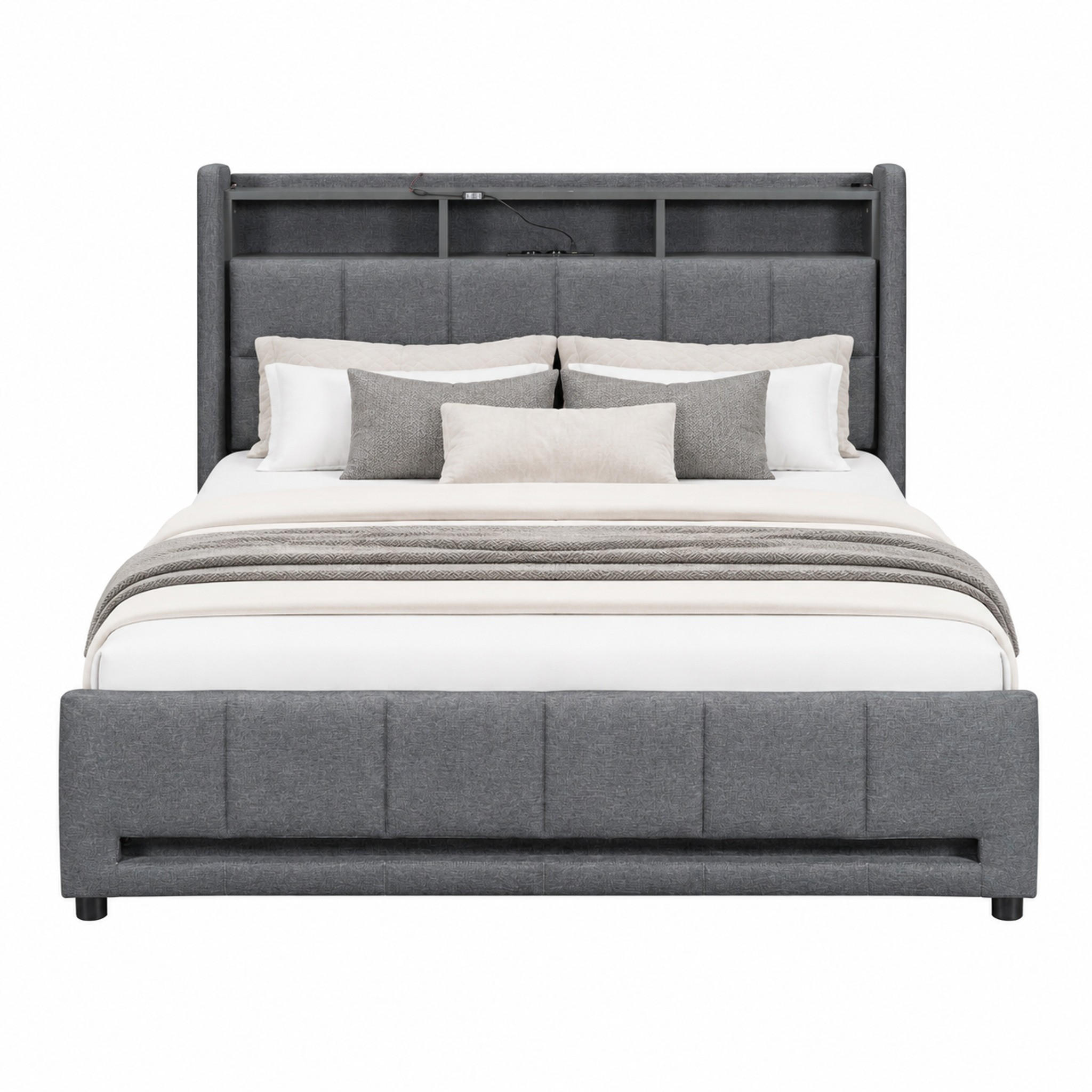 POLSTERBETT mit LED, USB und 2 Schubladen 140x200 cm Leinen Grau - Grau, Holz (140/200cm) - Meubliv