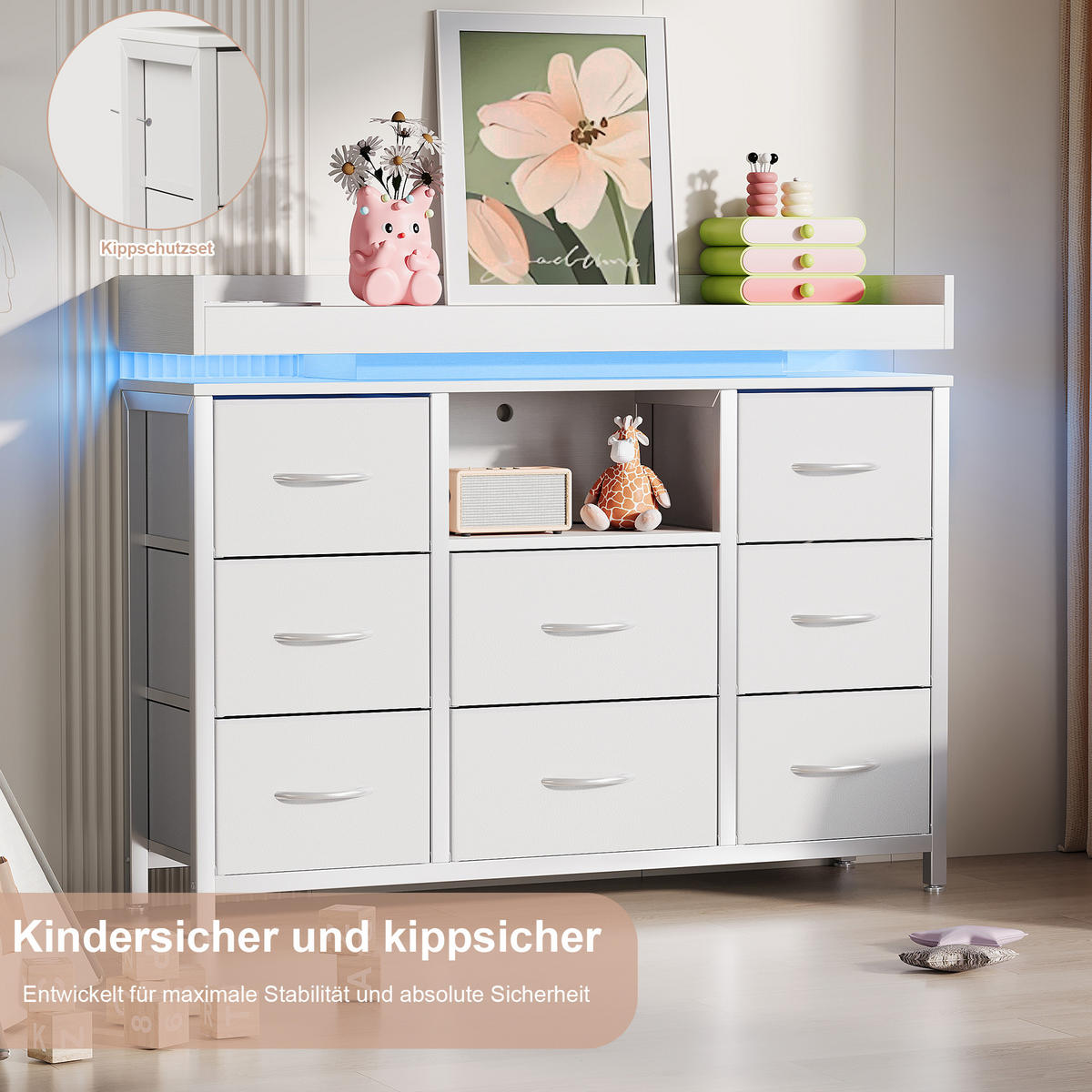 KOMMODE 8 Stoffschubladen, LED, Steckdose, stabil, Stahlrahmen, Anti-Kipp, weiß - Weiß, Textil (108/82/30cm) - EuroLiving