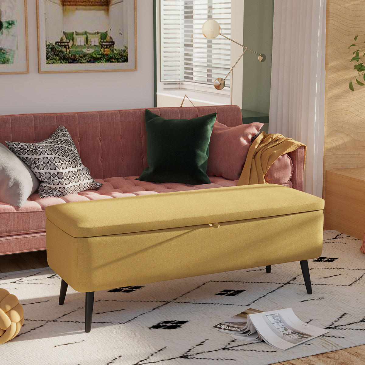 SITZBANK, Polsterbank mit Stauraum, Leinenoptik für Wohnzimmer, 101x38,5x44,5 cm - Gelb, Kunststoff (38.5/44.5/101cm) - HOMCOM