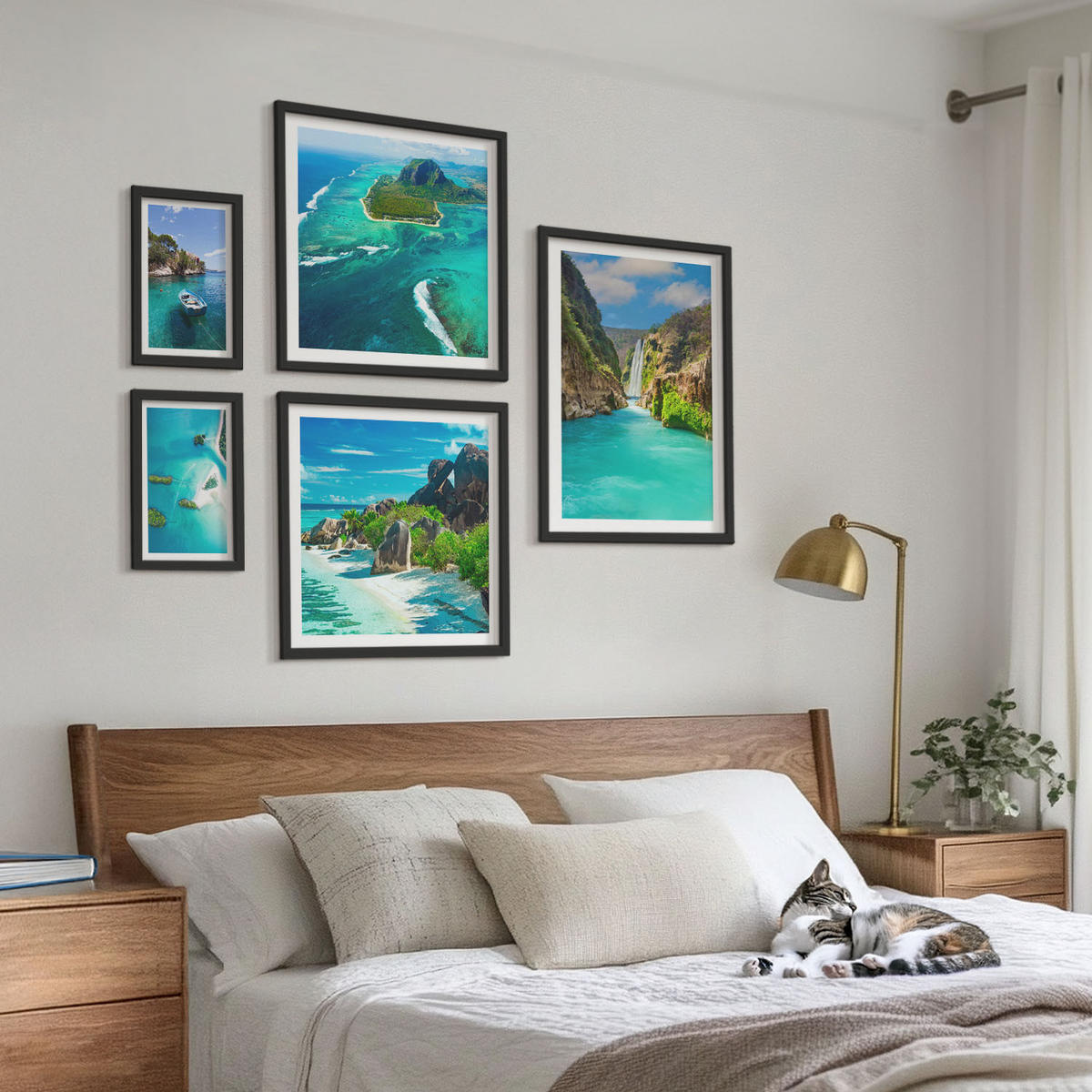 WANDBILDER 5er-Set - 50x50 cm & 20x30 cm & 40x60 cm Schwarzer Rahmen - Seeboote Hirsche Berge - Schwarz, Kunststoff (40/60cm) - ArtPrintCave