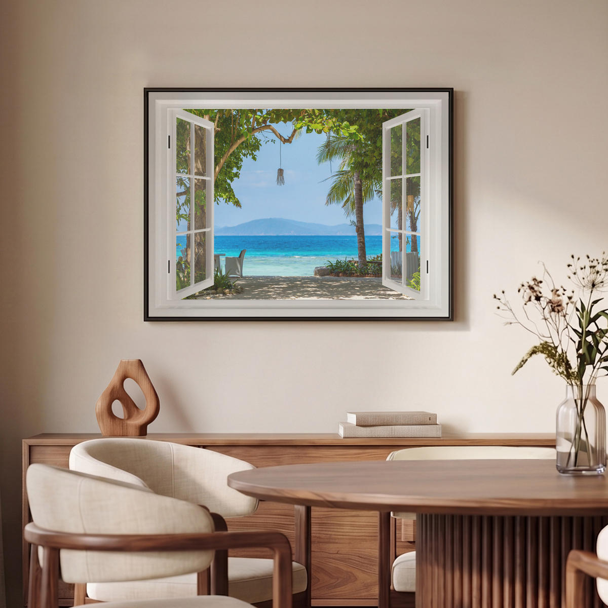 LEINWAND Bilder mit Rahmen - Aussicht - Baum - Meer - Palme - Hügel - Strand - Blau - 70x50 - Blau, Textil (70/50cm) - MuchoWow