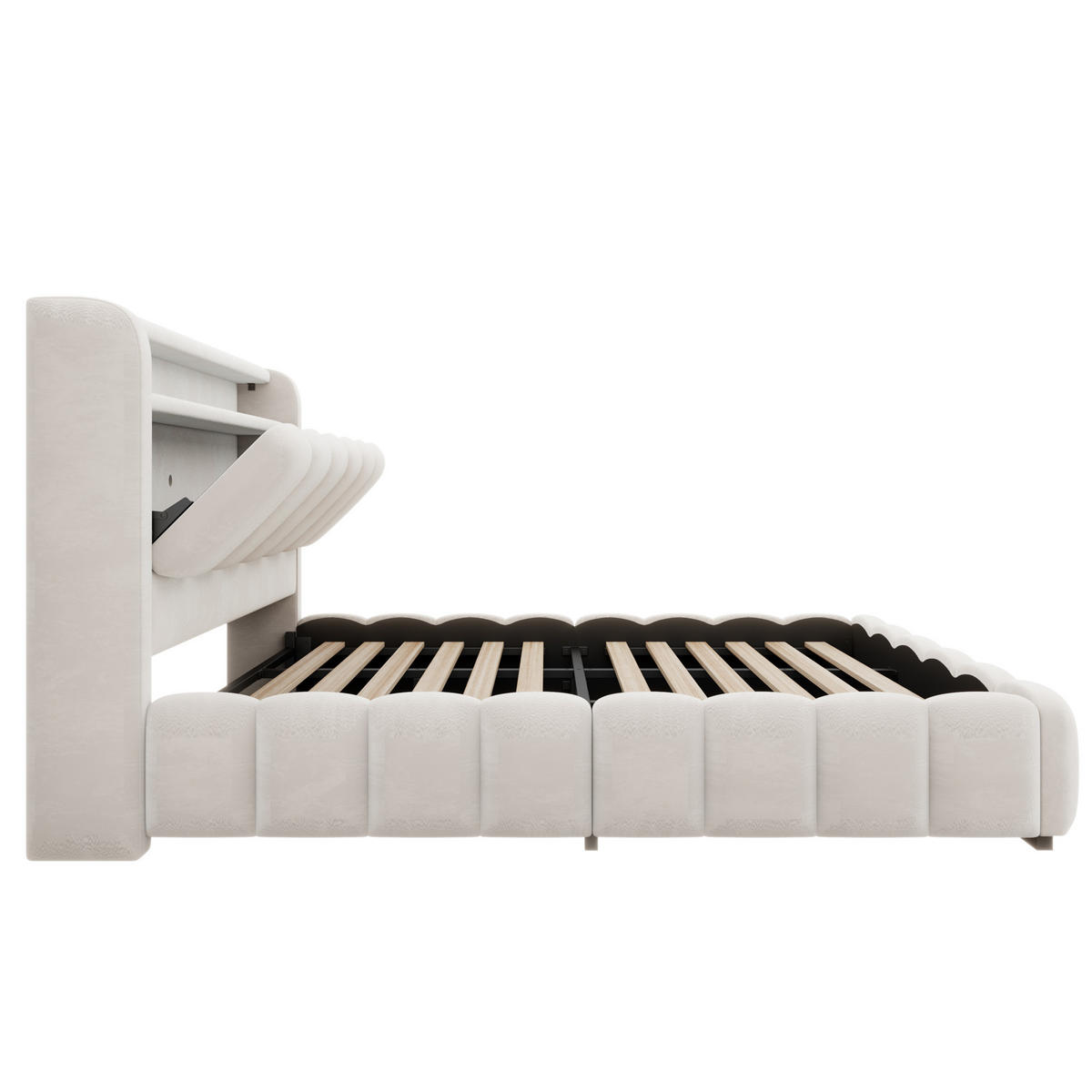 POLSTERBETT 180/200 mit LED/USB, Kopfteil Stauraum, Samt, Beige - Beige, Holz (180/200cm) - LVHOM