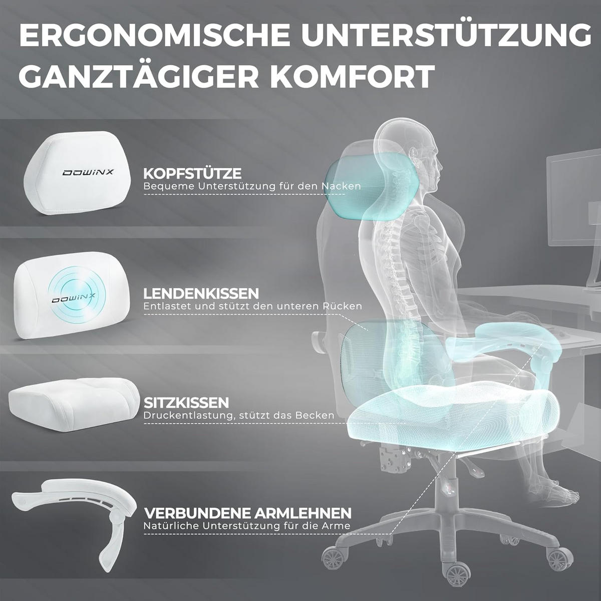 GAMING-STUHL Mikrofaser-Velours & Lendenkissen, Fußstütze 160° Neigbar - Weiß, Leder (70/132/70cm)
