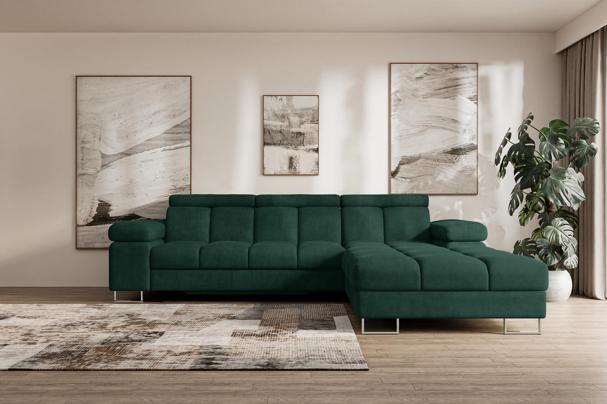 ECKSOFA mit Schlaffunktion Ottomane Rechts COMA L 271x203x79 Grün Velours - Grün, Holzwerkstoff/Textil (203/271cm) - ALTDECOR