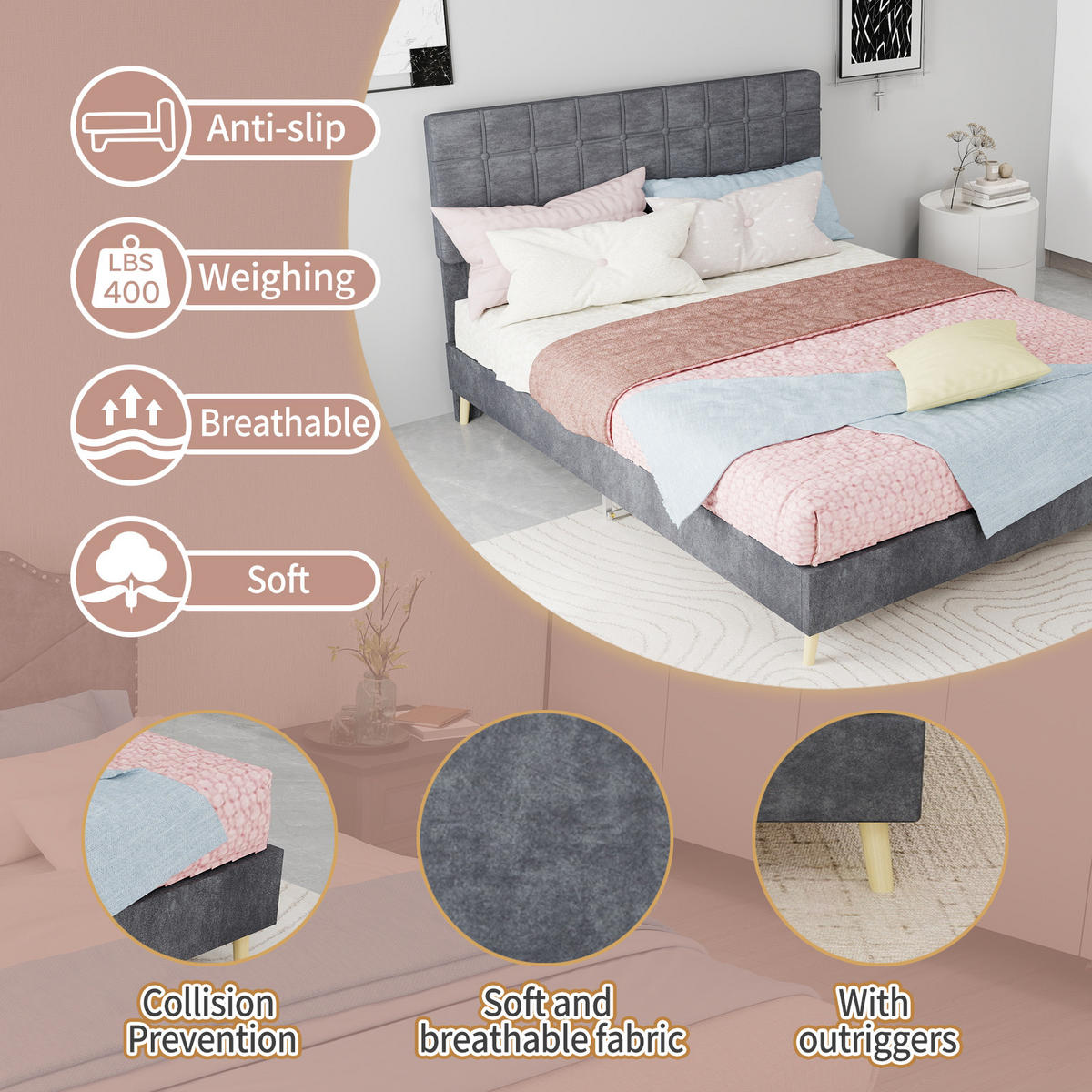 BETT 140x200 cm Stoff Grau - Grau, Metall (140/200cm) - Meubliv