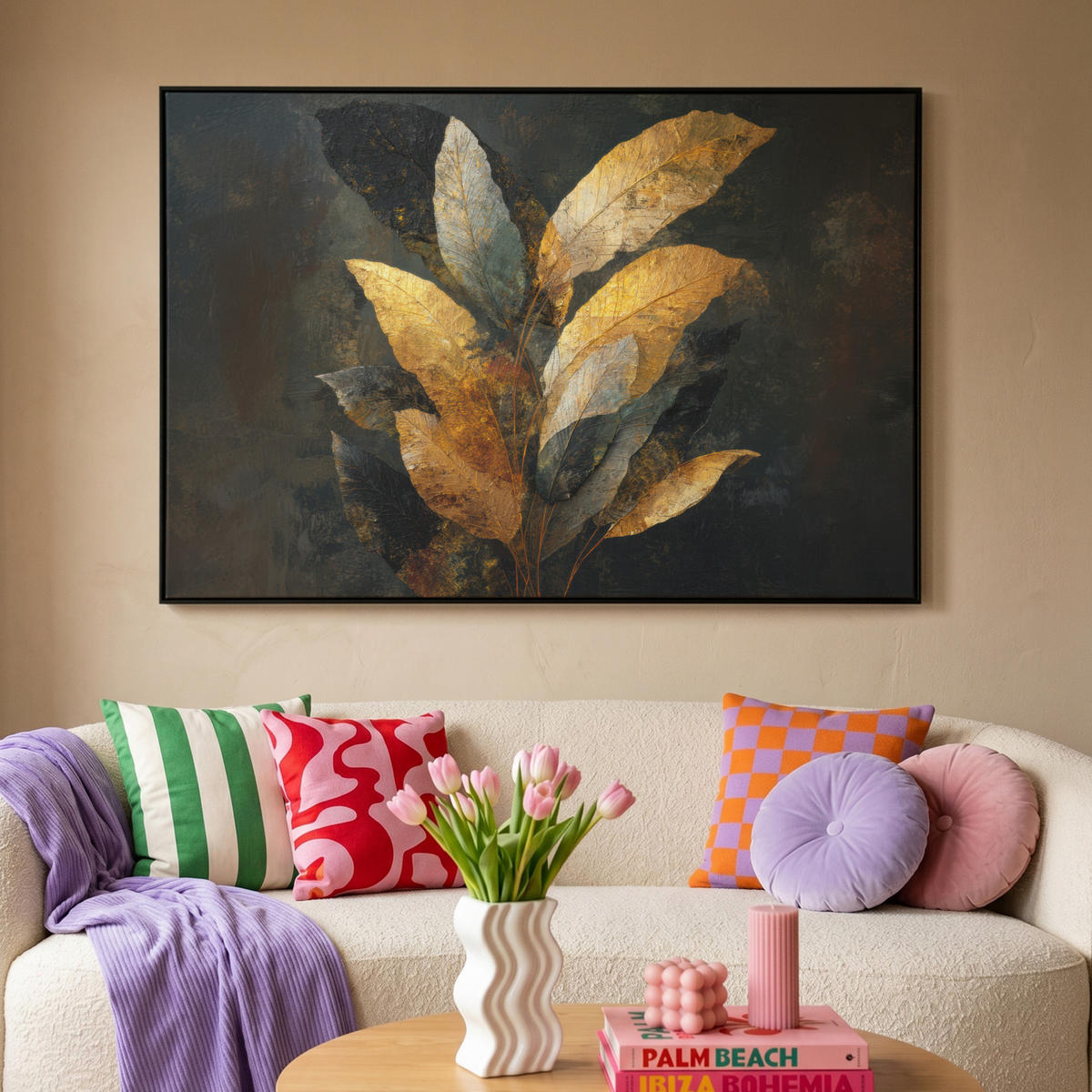 LEINWAND Bilder mit Rahmen - Golden Leaf Komposition - Botanical Luxury - 150x100 - Goldfarben, Textil (150/100cm) - MuchoWow