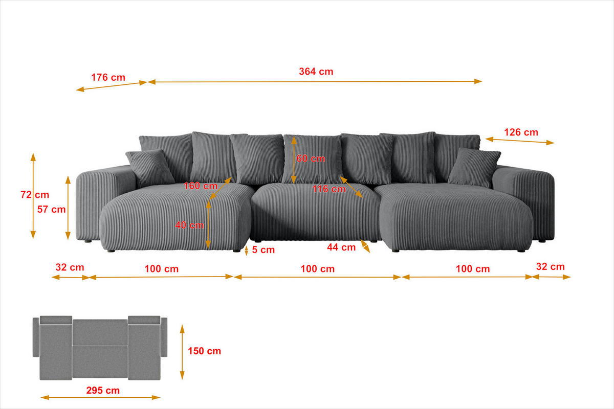 WOHNLANDSCHAFT mit Schlaffunktion ESKAR-U -364x176x84cm Grau Cord - Dunkelgrau/Schwarz, Holzwerkstoff/Kunststoff (364/72/176cm) - ALTDECOR