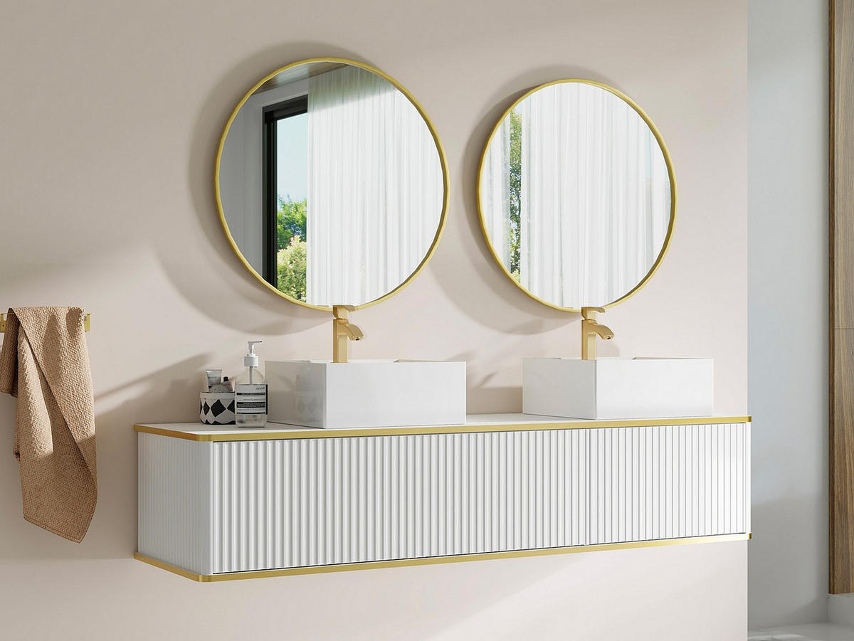 WASCHBECKENUNTERSCHRANK hängend - 2 Schubladen - Streifenoptik - Goldfarbene Umrandung - Weiß - 150 cm - KELIZA - Weiß, Holz (150/54/47cm) - Vente-Unique