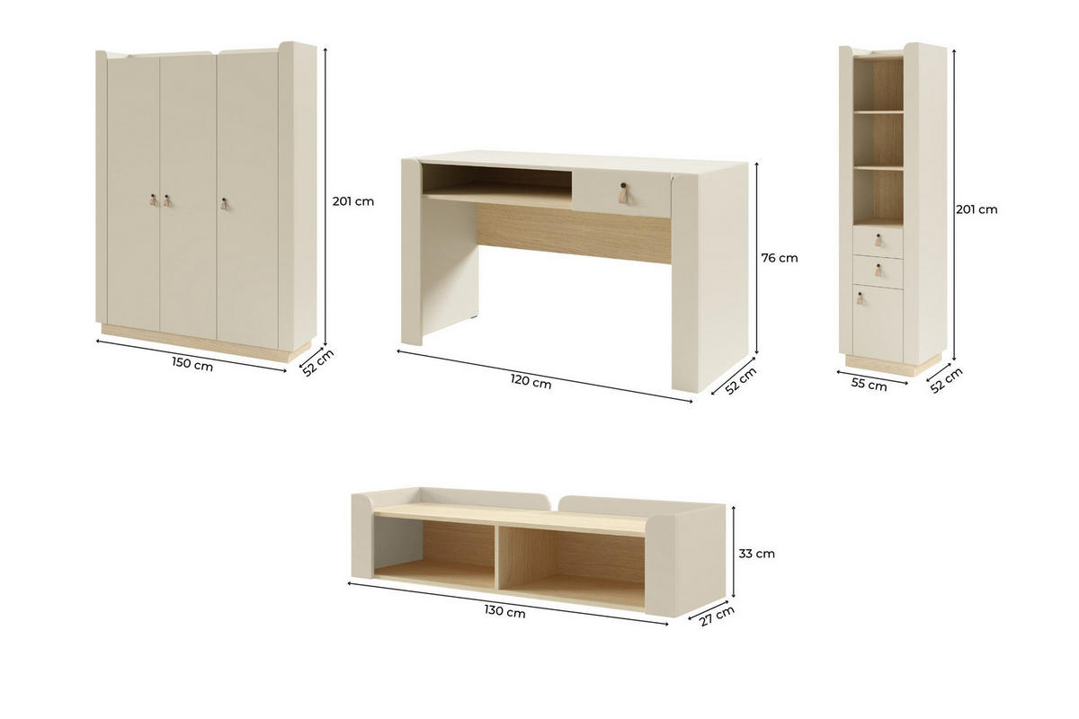 JUGENDZIMMER-SET SOVI C 4-teilig in Macadamia / Eiche Mavelie - Eichefarben/Beige, Holzwerkstoff (325/201/52cm) - Deine Möbel 24
