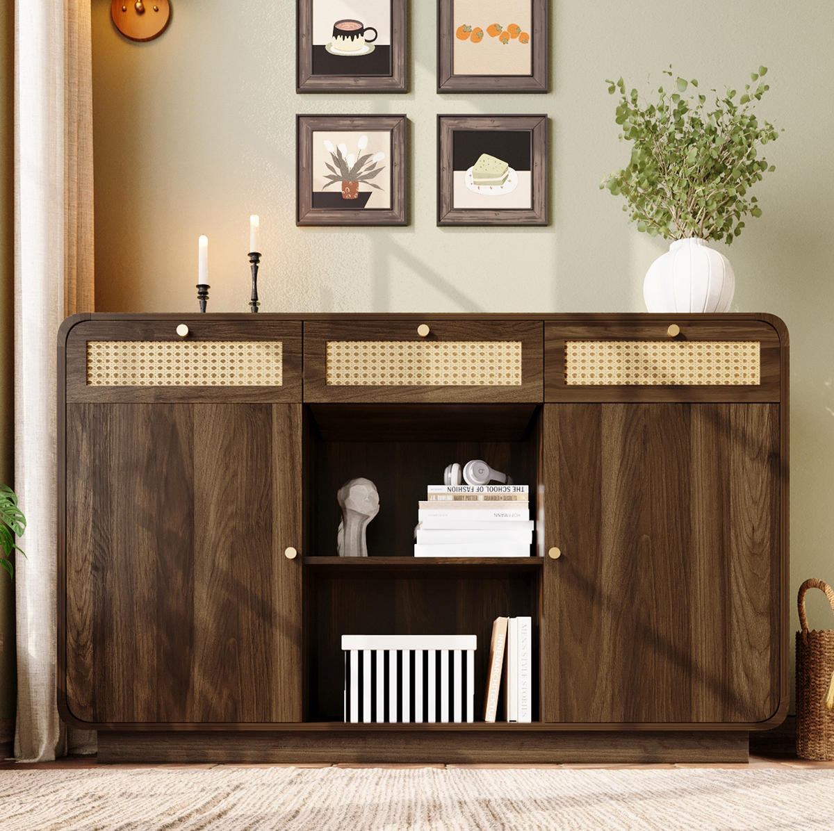 SIDEBOARD 120/40/85 cm Nussbaum aus MDF mit Rattanfronten und 3 Schubladen - Walnussfarben, Holzwerkstoff (120/85/40cm) - OKWISH