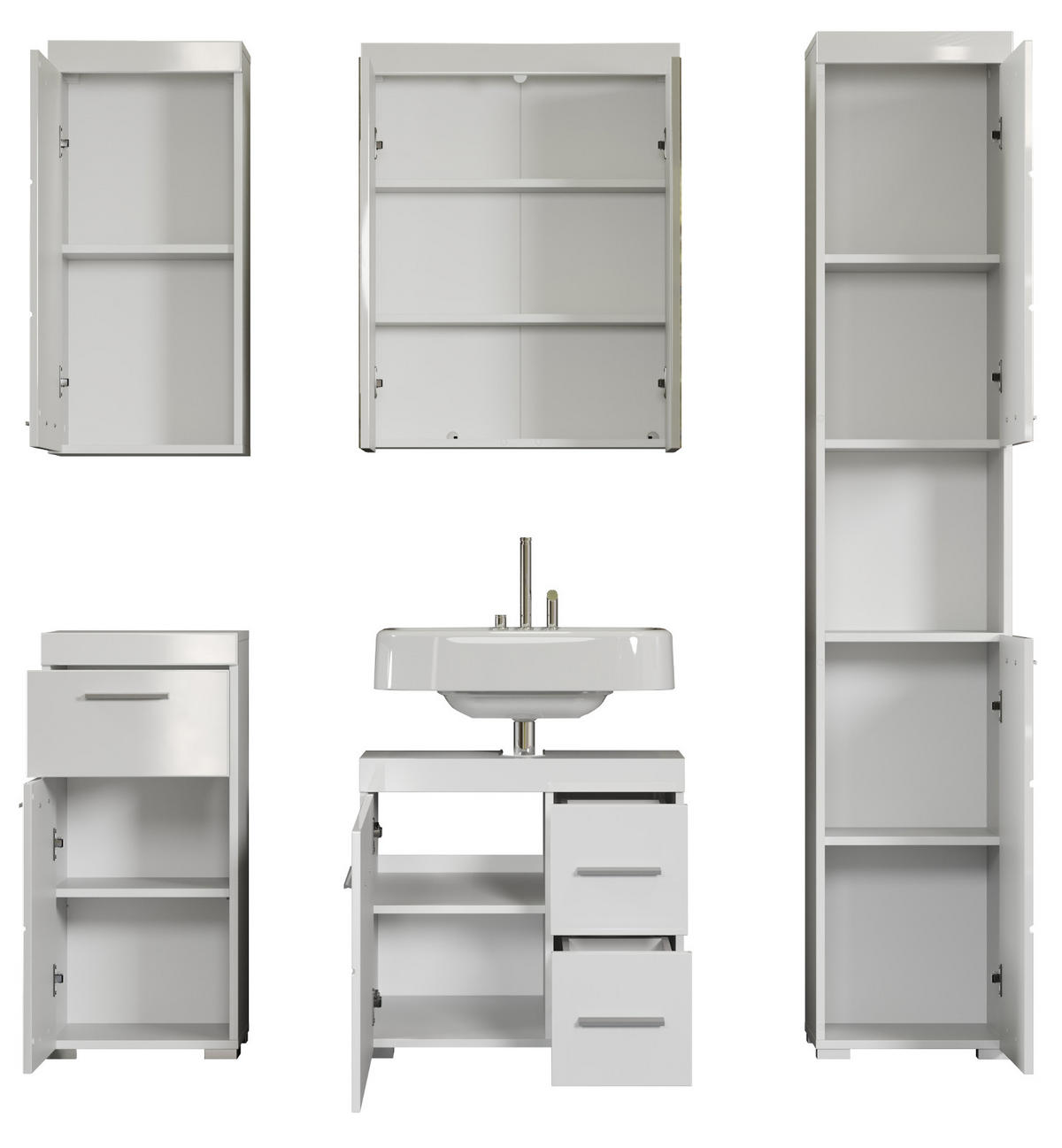 BADMÖBEL-SET weiß Hochglanz 5-teilig 163 x 190 cm, Badezimmer-Schränke mit viel Stauraum - Weiß Hochglanz/Alufarben, Glas/Holzwerkstoff (163/190/34cm) - Top.Furn