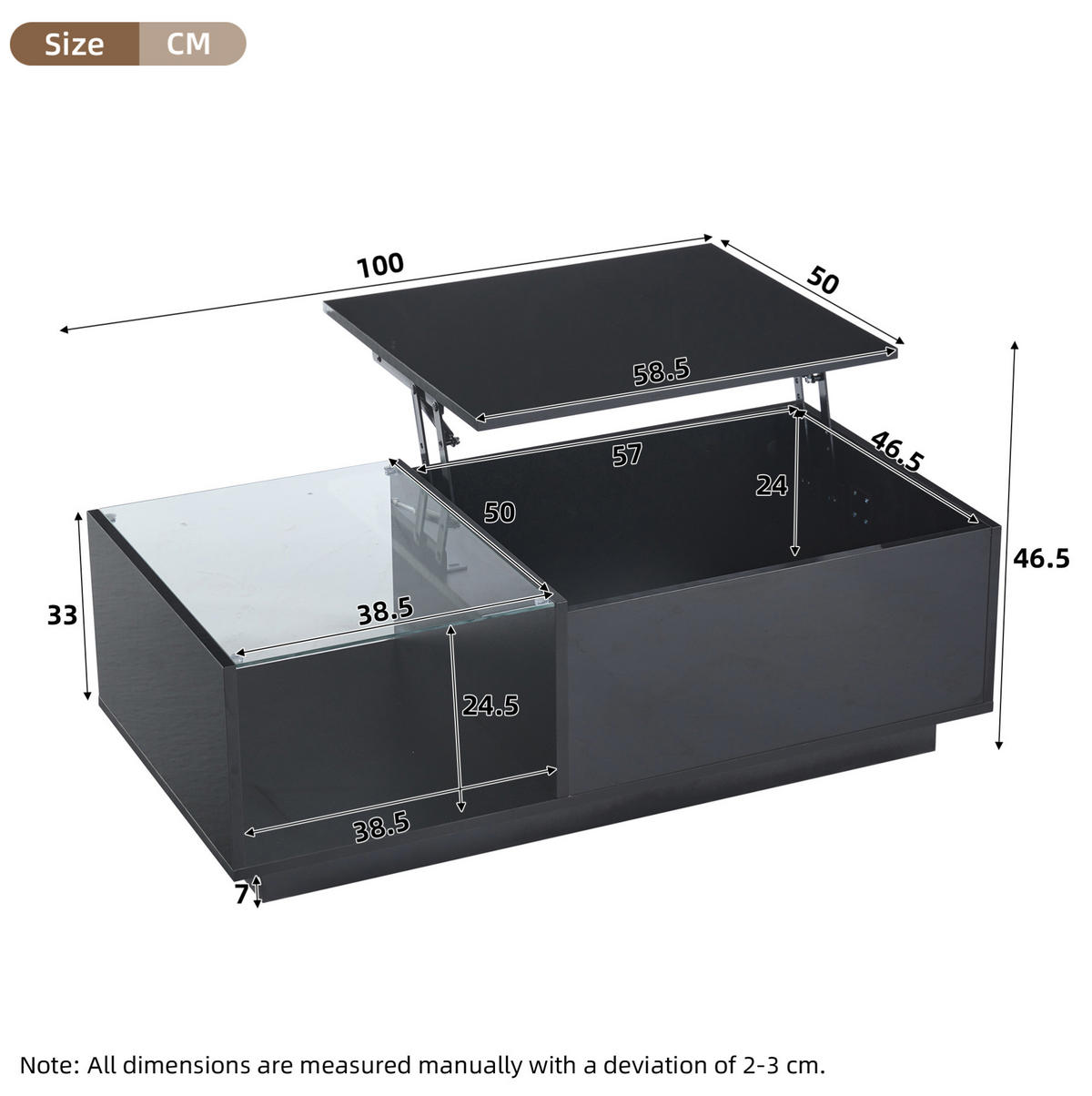 COUCHTISCH mit LED und Stauraum 100 x 50 cm Hochglanz Schwarz - Schwarz, Holzwerkstoff (100/50/33cm) - Meubliv