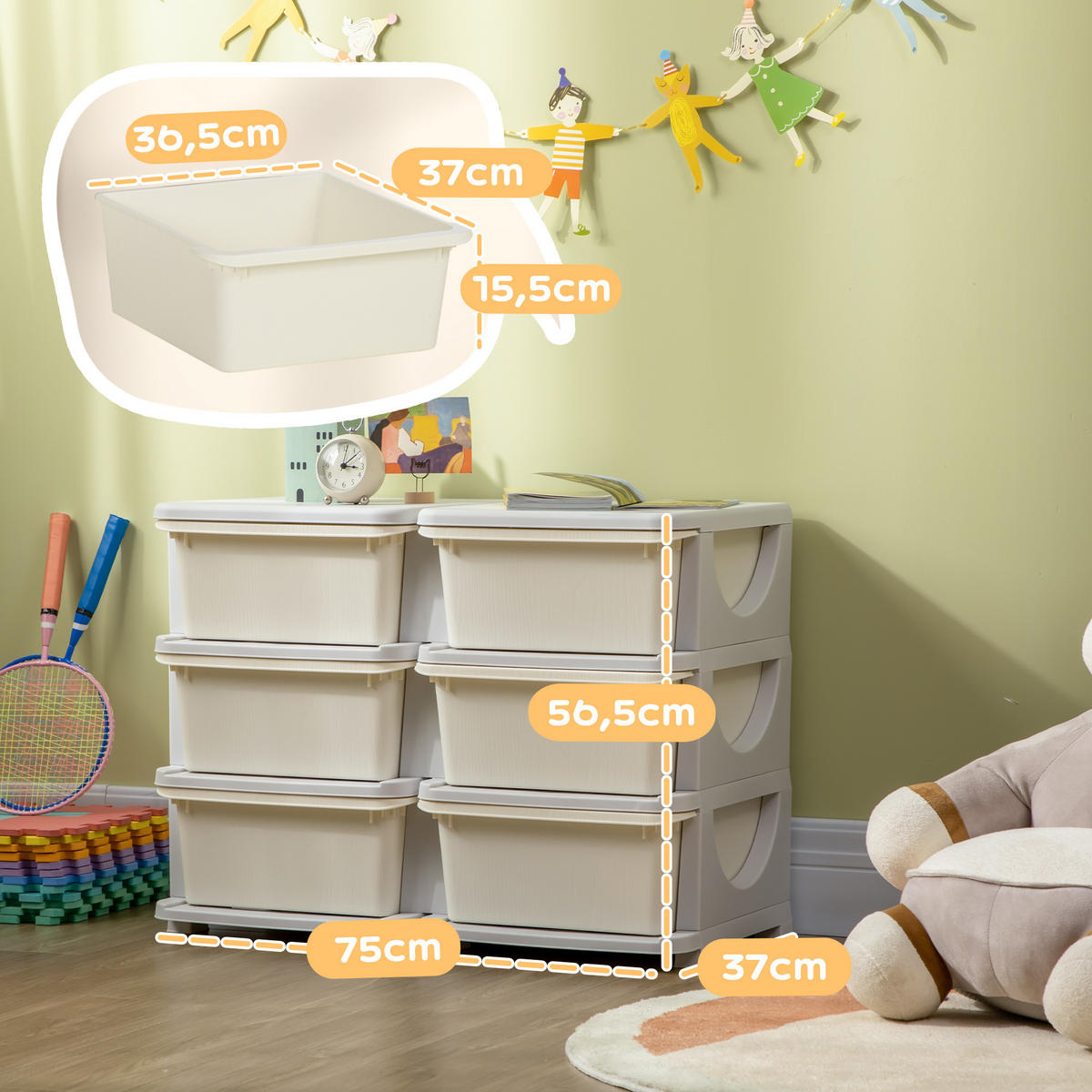 SCHUBLADENSCHRANK für Kinder Aufbewahrungsboxen mit 6 Ebenen Kindermöbel Creme - Creme/Weiß, Kunststoff (37/56.5/75cm) - HOMCOM
