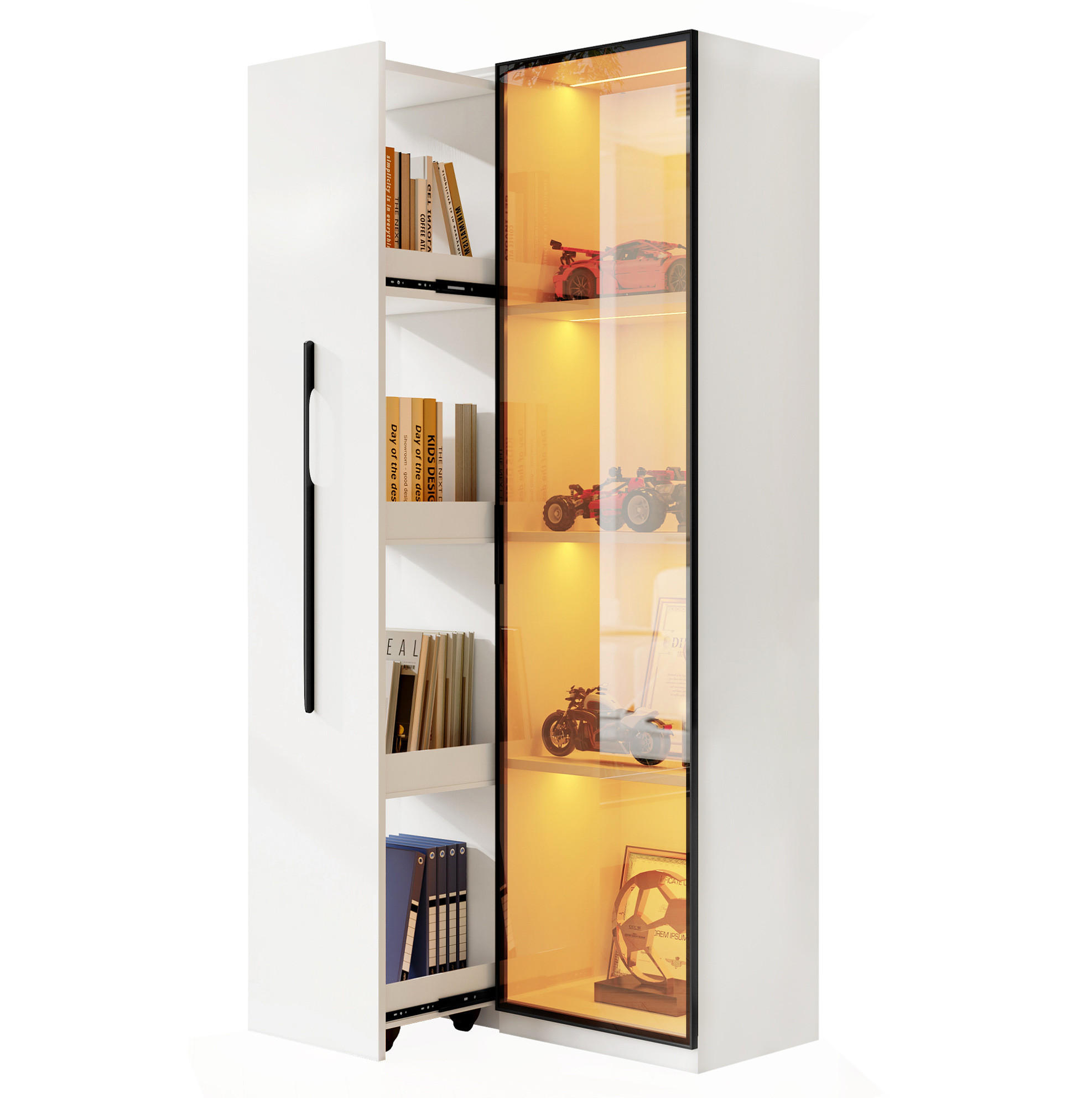 VITRINE 70/40/160 cm aus MDF mit ausziehbarem Bücherregal und LED-Beleuchtung Weiß - Weiß, Holzwerkstoff (70/160/40cm) - Modenvie