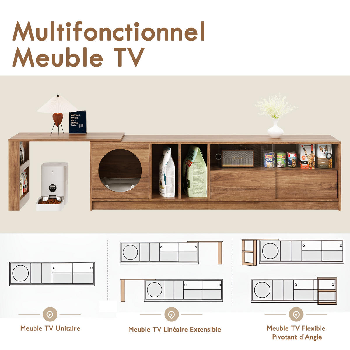TV-SCHRANK SET Nussbaum drehbarer TV-Schrank + Couchtisch Haustier-Möbel - Walnussfarben, Holz (40/50/180cm) - FLIEKS