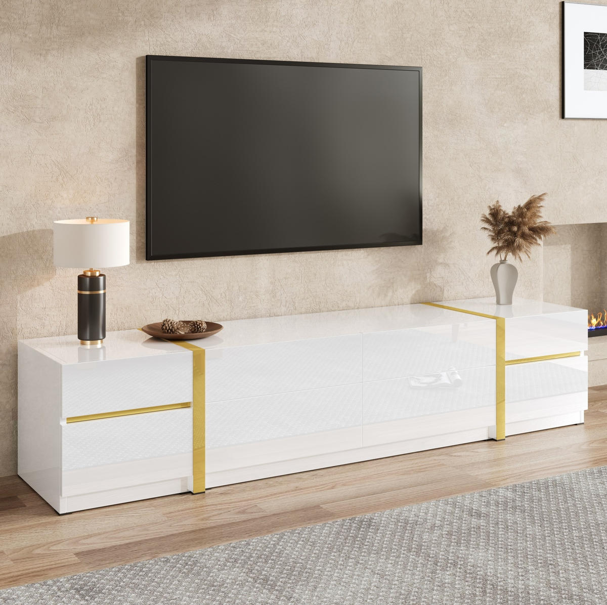 TV stolek 180/40/38 cm z MDF a dřevotřísky s vysokým leskem, 4 zásuvkami a 2 dvířky, Bílá - bílá, kompozitní dřevo (180/38/40cm) - Redom