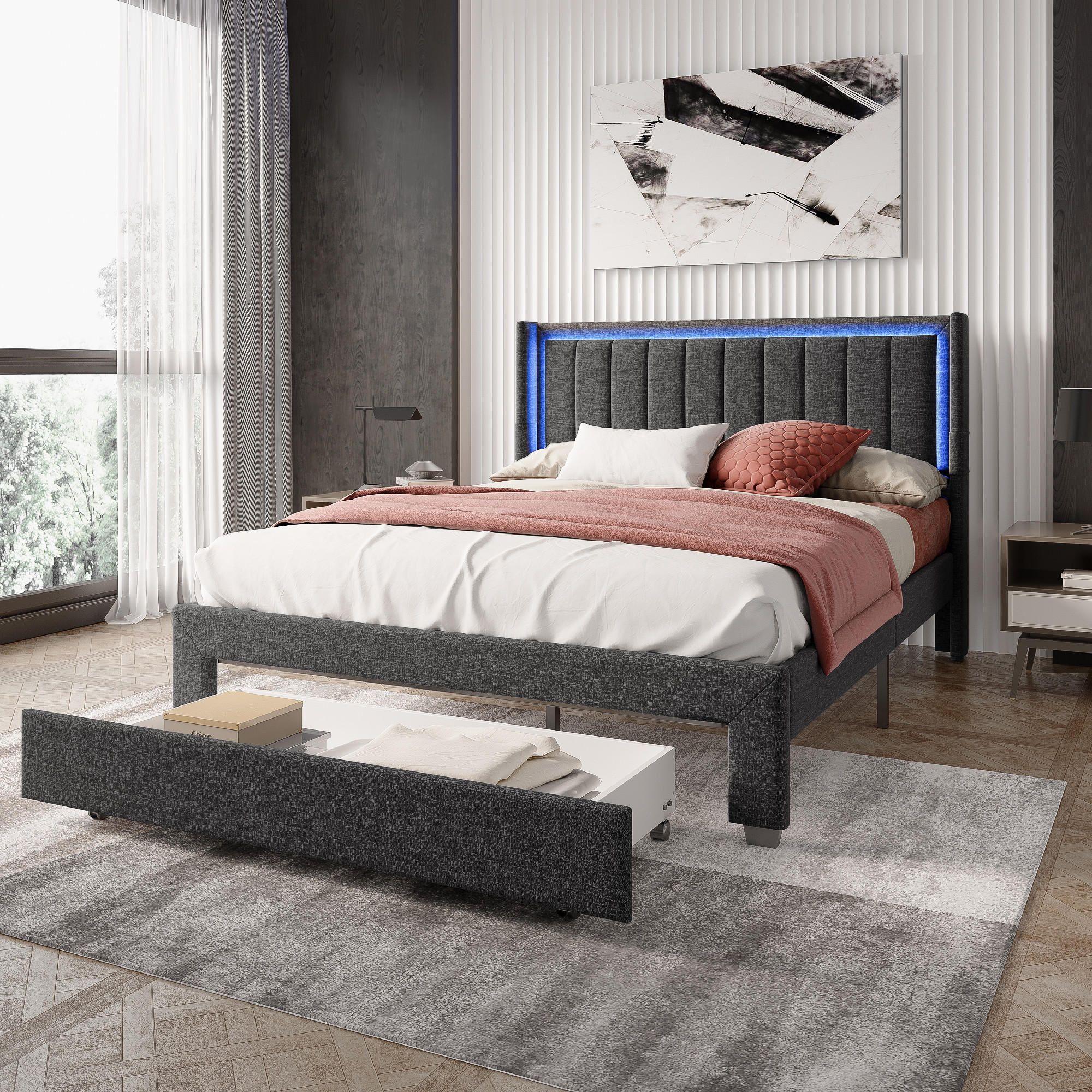 POLSTERBETT 140x200 cm, Grau, mit LED-Beleuchtung & USB-Stecker - Grau, Textil/Metall (140/200cm)